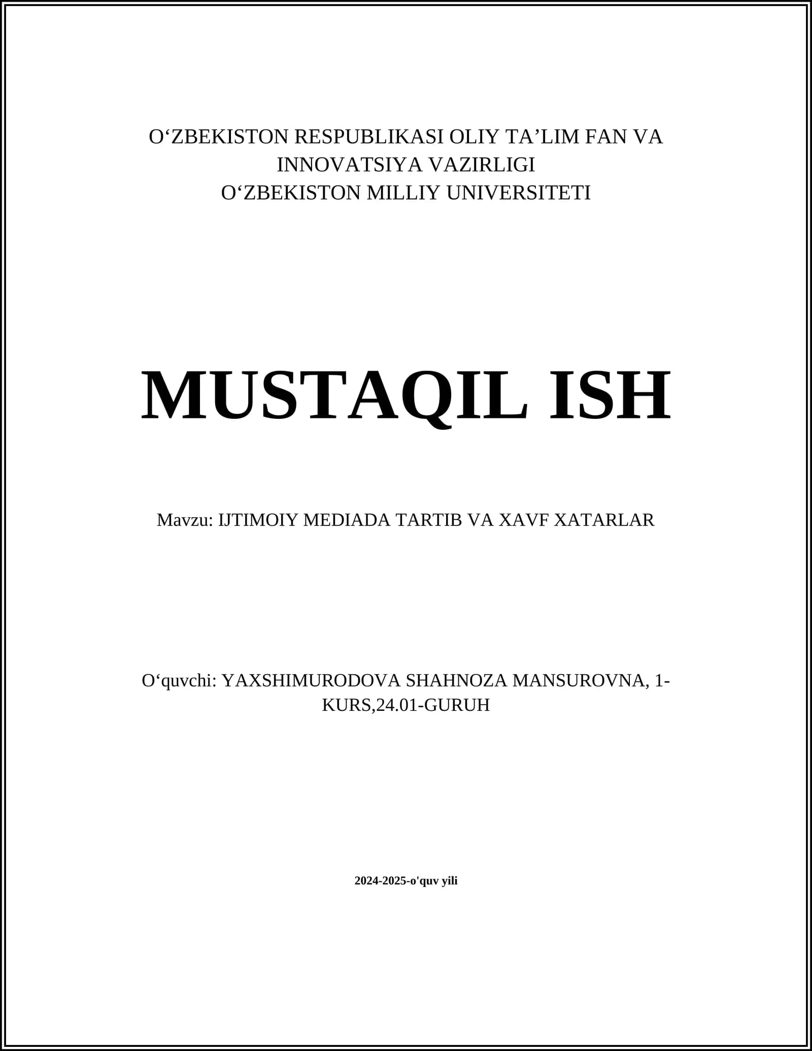 IJTIMOIY MEDIADA TARTIB VA XAVF XATARLAR