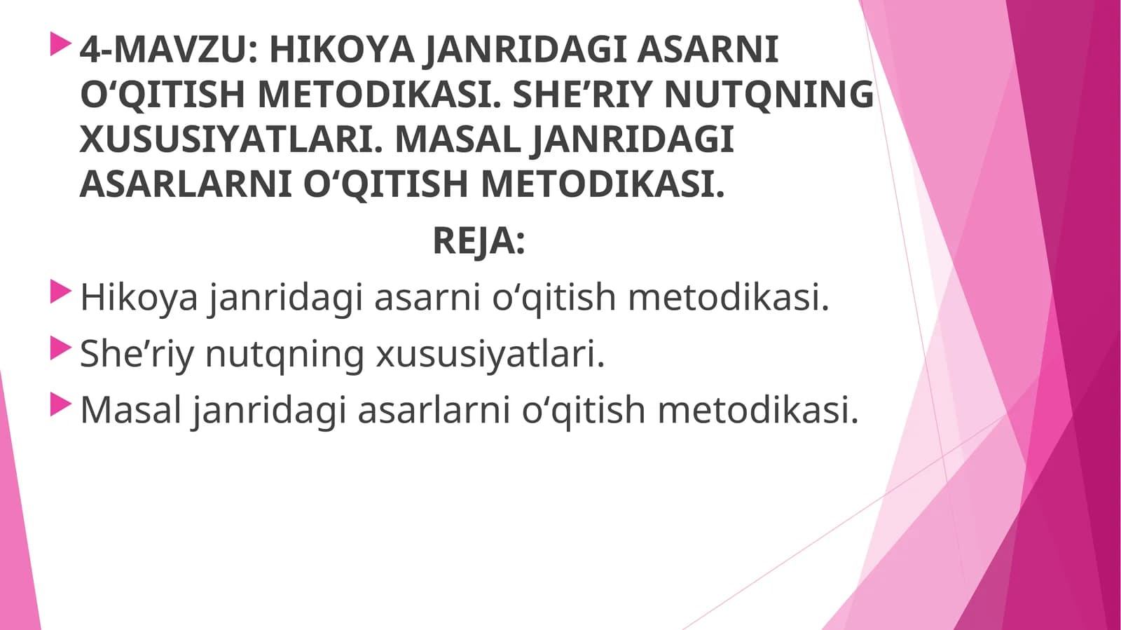 HIKOYA JANRIDAGI ASARNI O‘QITISH MЕTODIKASI. SHЕ’RIY NUTQNING XUSUSIYATLARI. MASAL JANRIDAGI ASARLARNI O‘QITISH MЕTODIKASI
