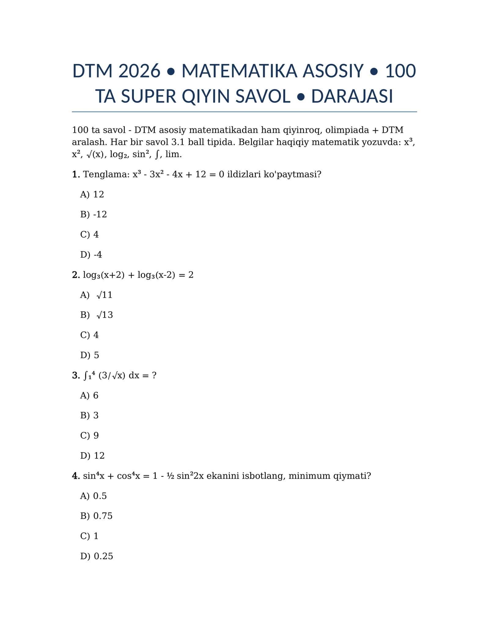 DTM 2026 • MATEMATIKA ASOSIY • 100 TA SAVOL