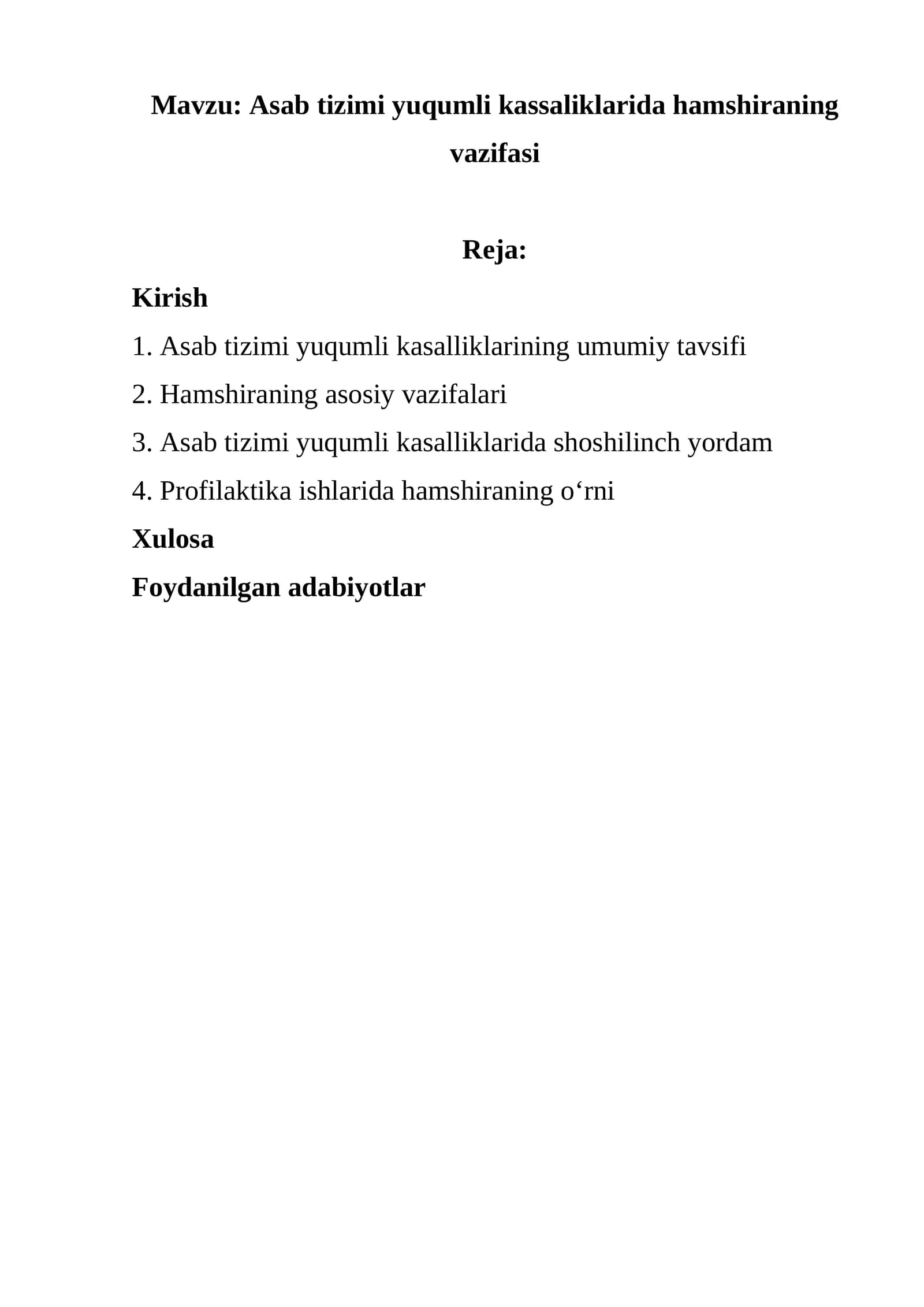 Asab tizimi yuqumli kassaliklarida hamshiraning vazifasi