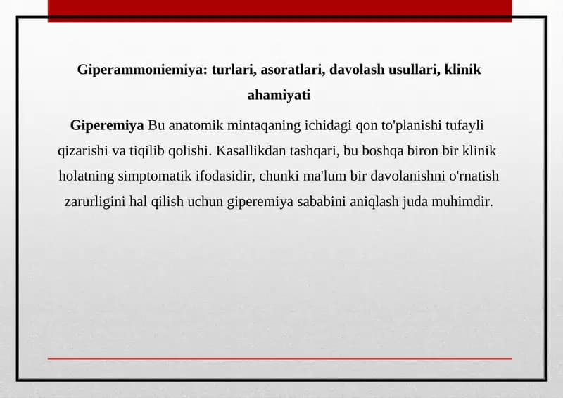 Giperammoniemiya:turlari,asoratlari,davolashusullari,klinik