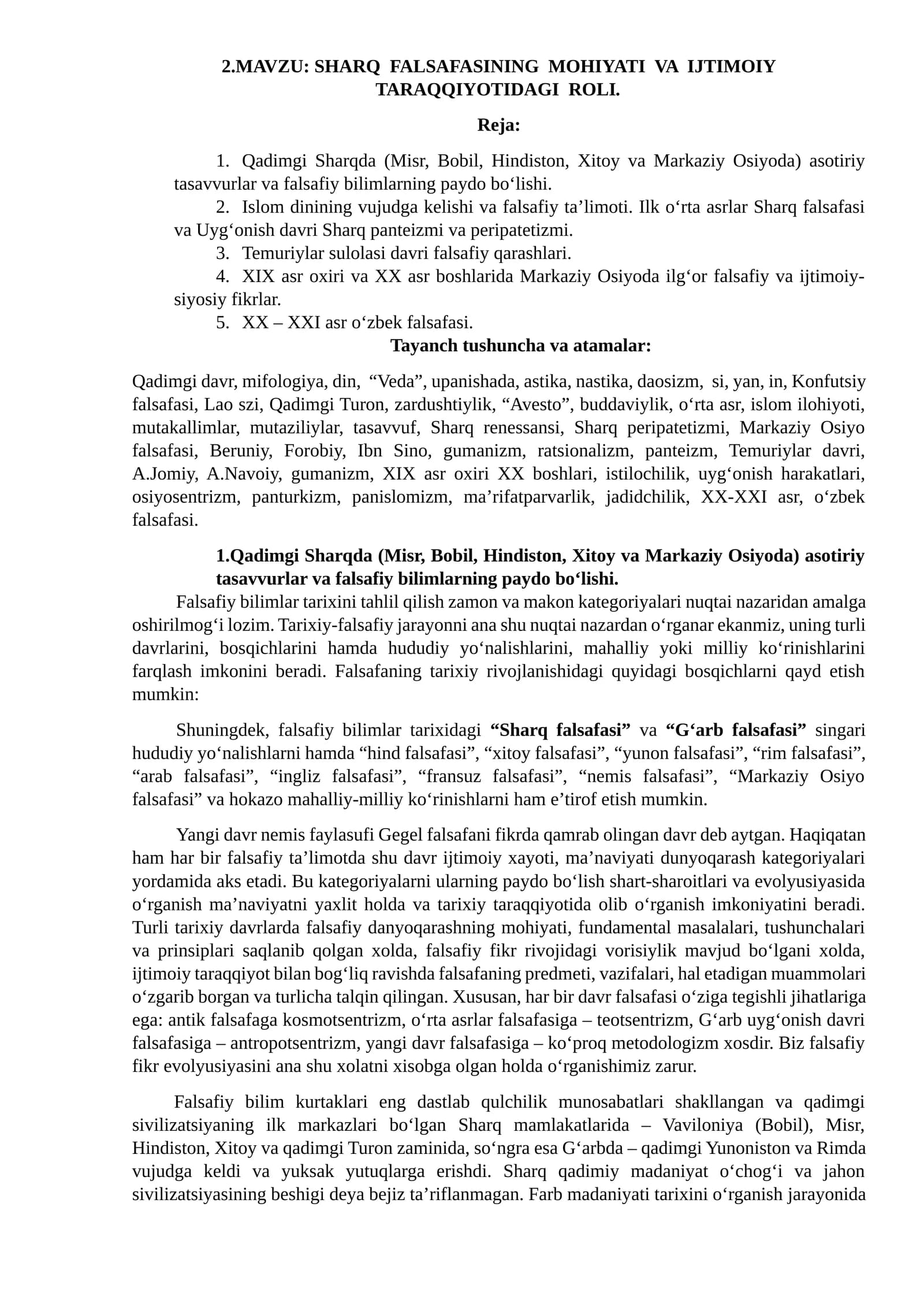 SHARQ FALSAFASINING MOHIYATI VA IJTIMOIY TARAQQIYOTIDAGI ROLI