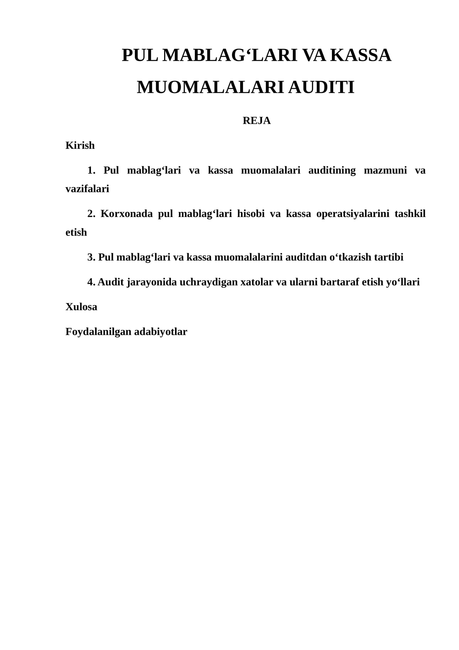 PUL MABLAG‘LARI VA KASSA MUOMALALARI AUDITI
