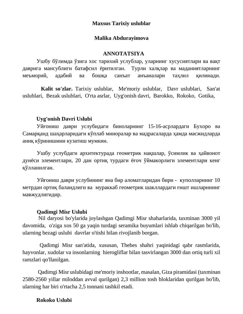 Maxsus Tarixiy uslublar