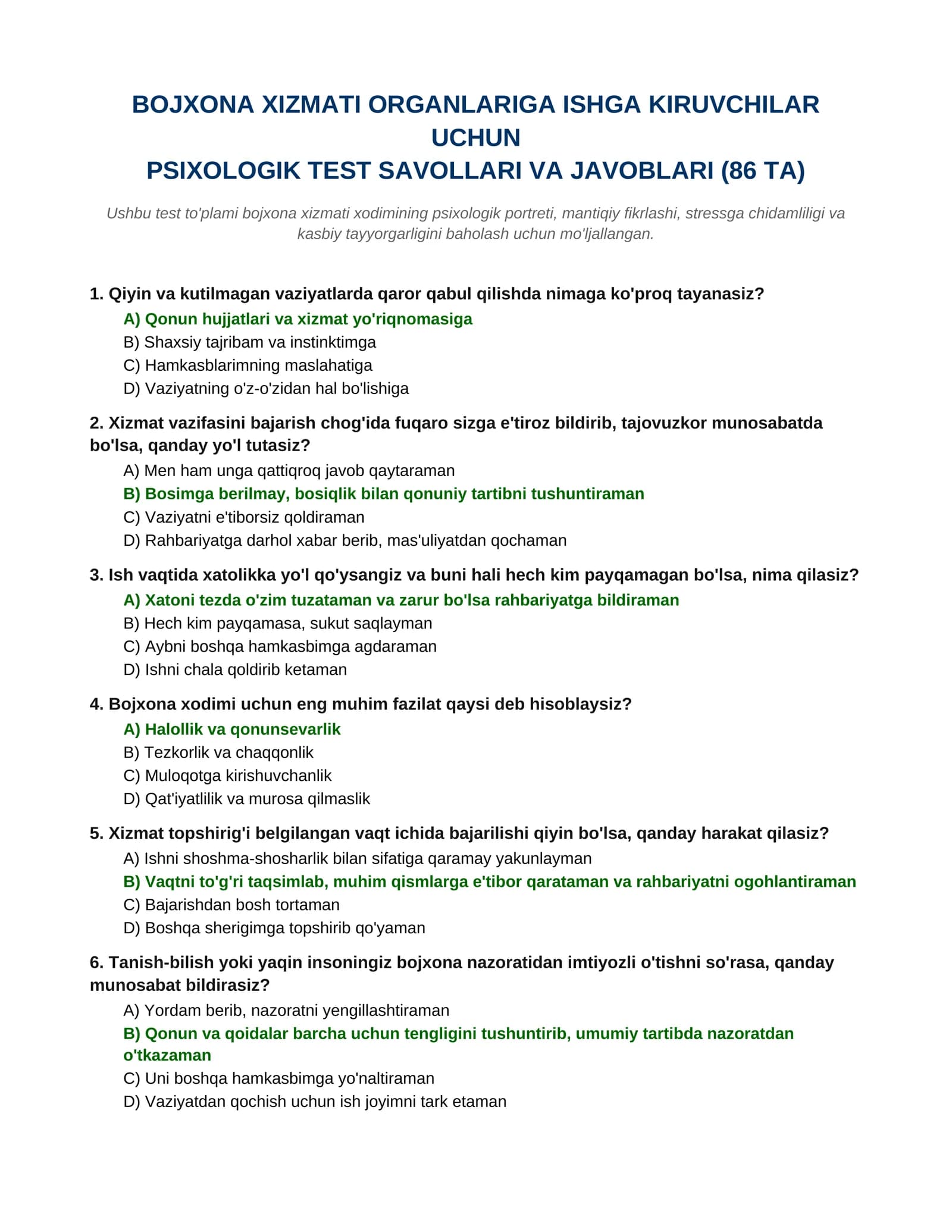 Bojxona xizmati psixologik test savollari va javoblari (86 ta)