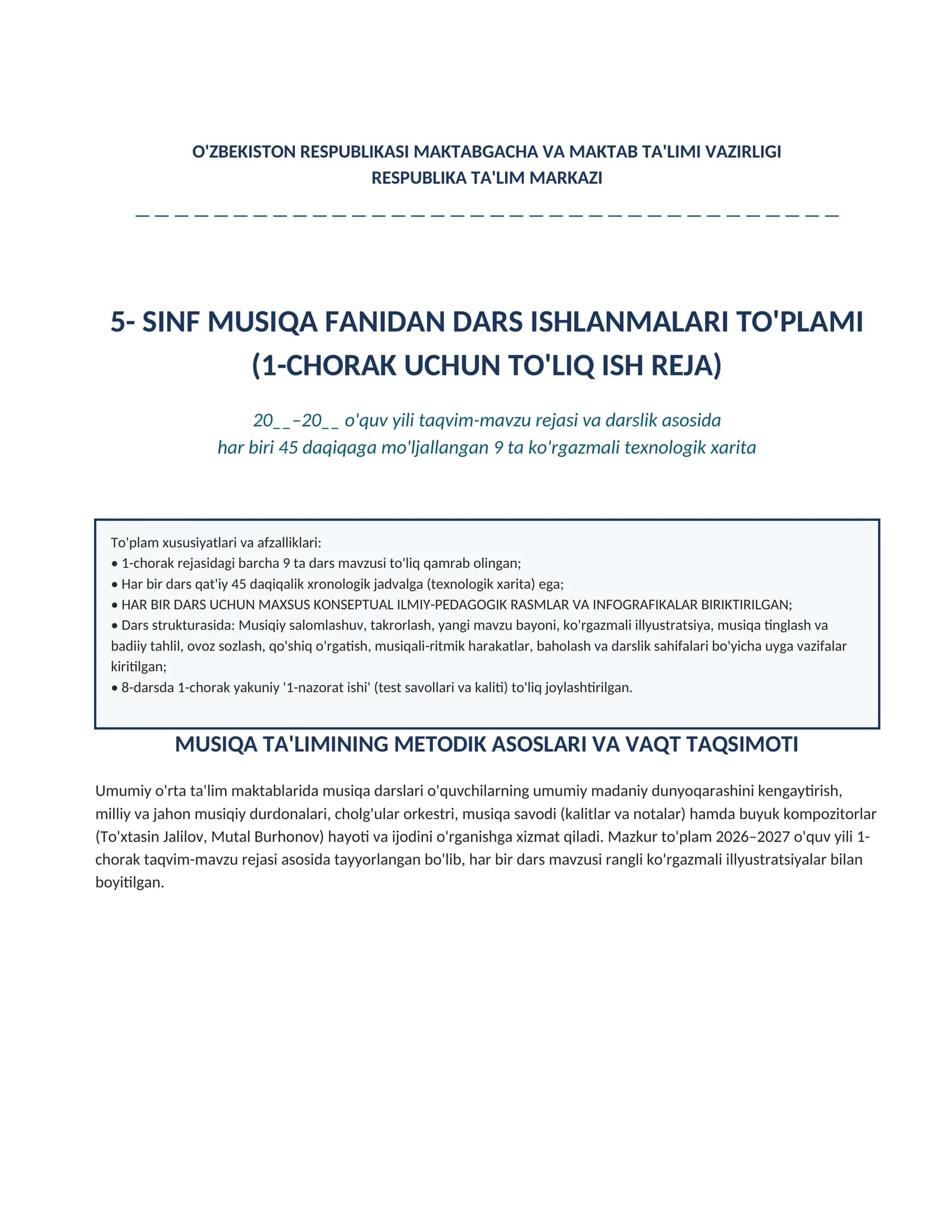 5-sinf Musiqa fanidan 1-chorak Dars ishlanmalari to'plami