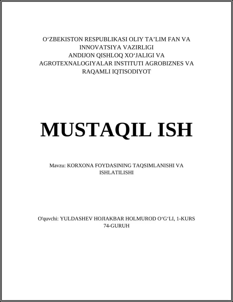 KORXONA FOYDASINING TAQSIMLANISHI VA ISHLATILISHI