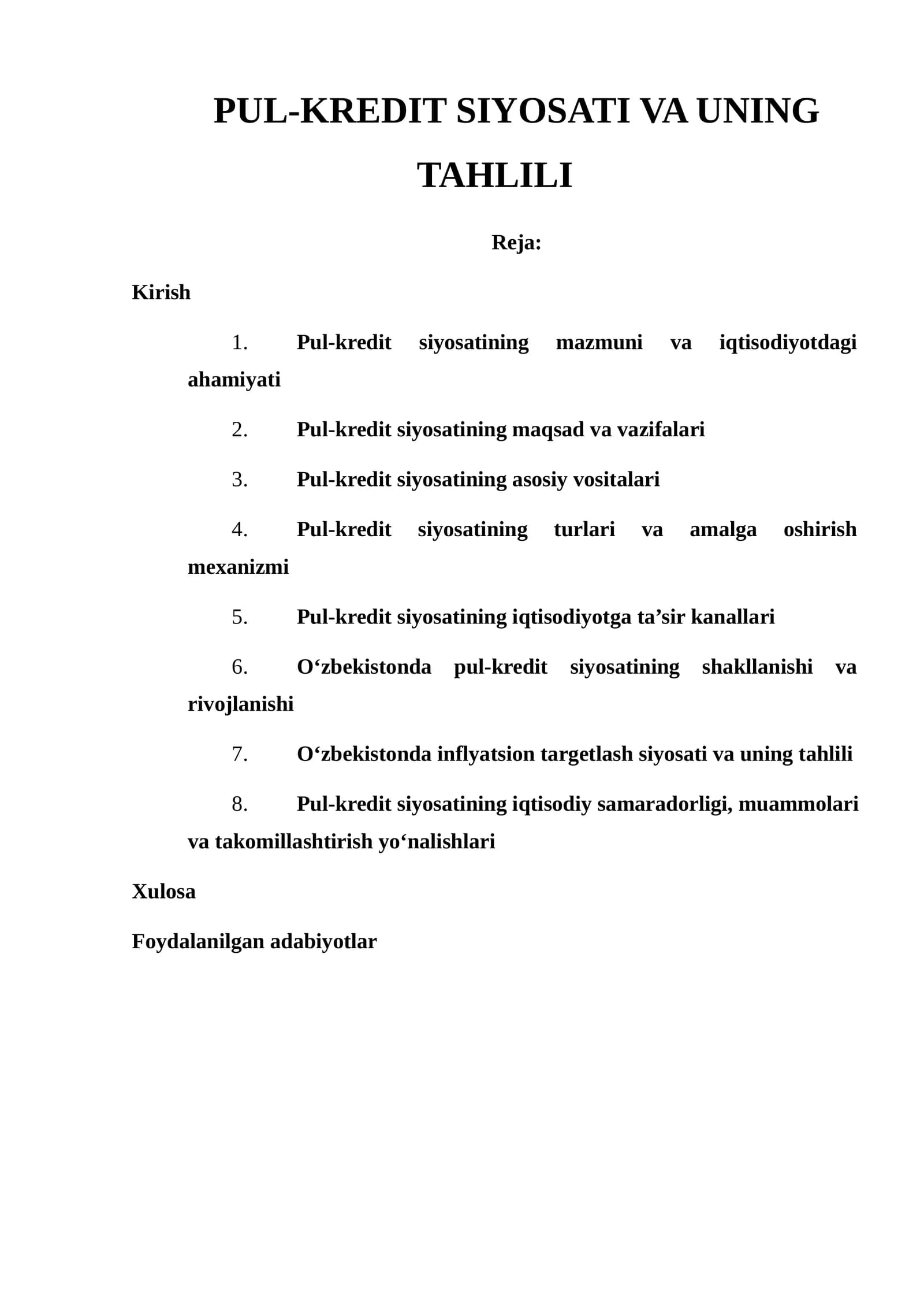 Pul-kredit siyosati va uning tahlili