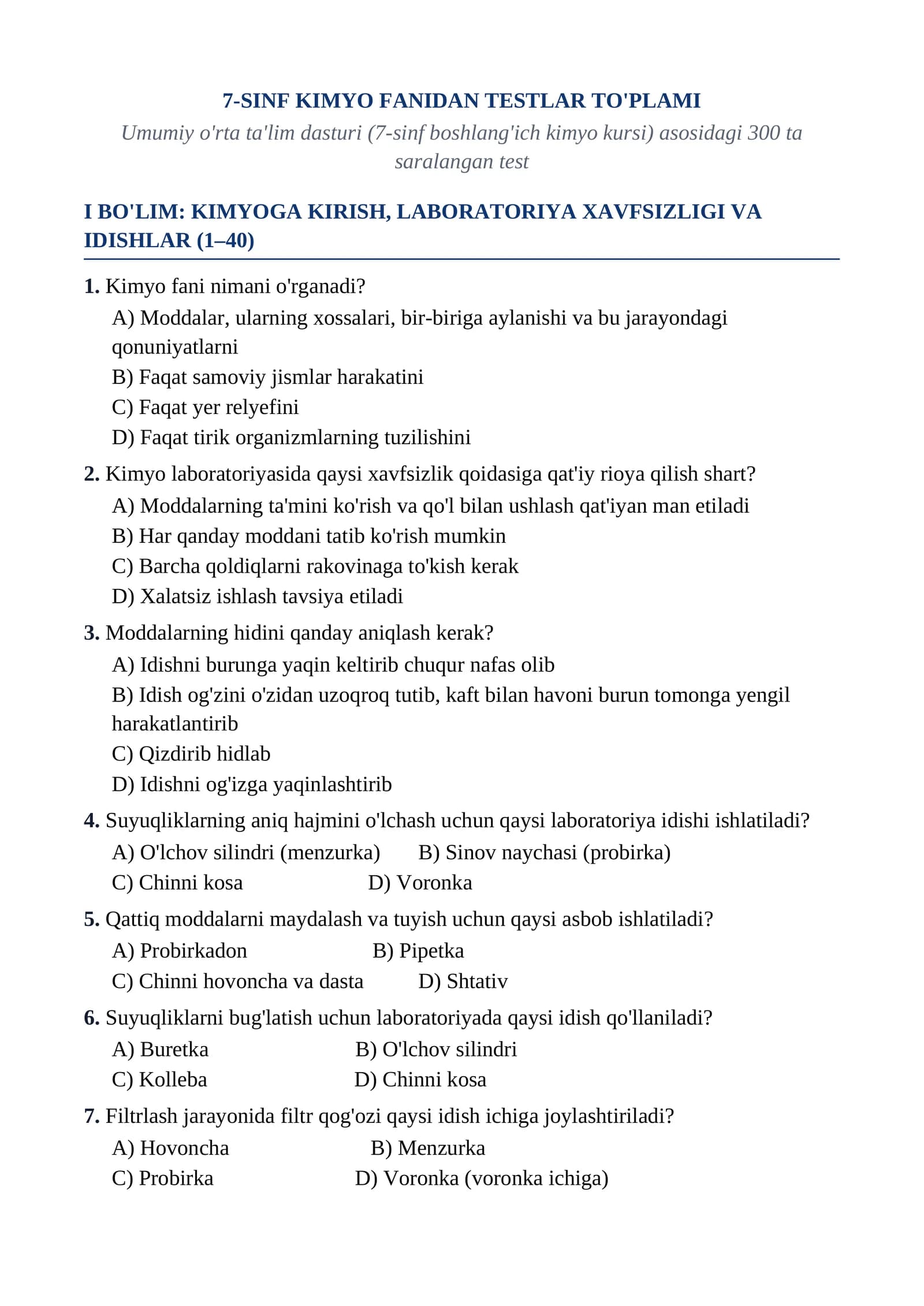 7-SINF KIMYO FANIDAN TESTLAR TO'PLAMI