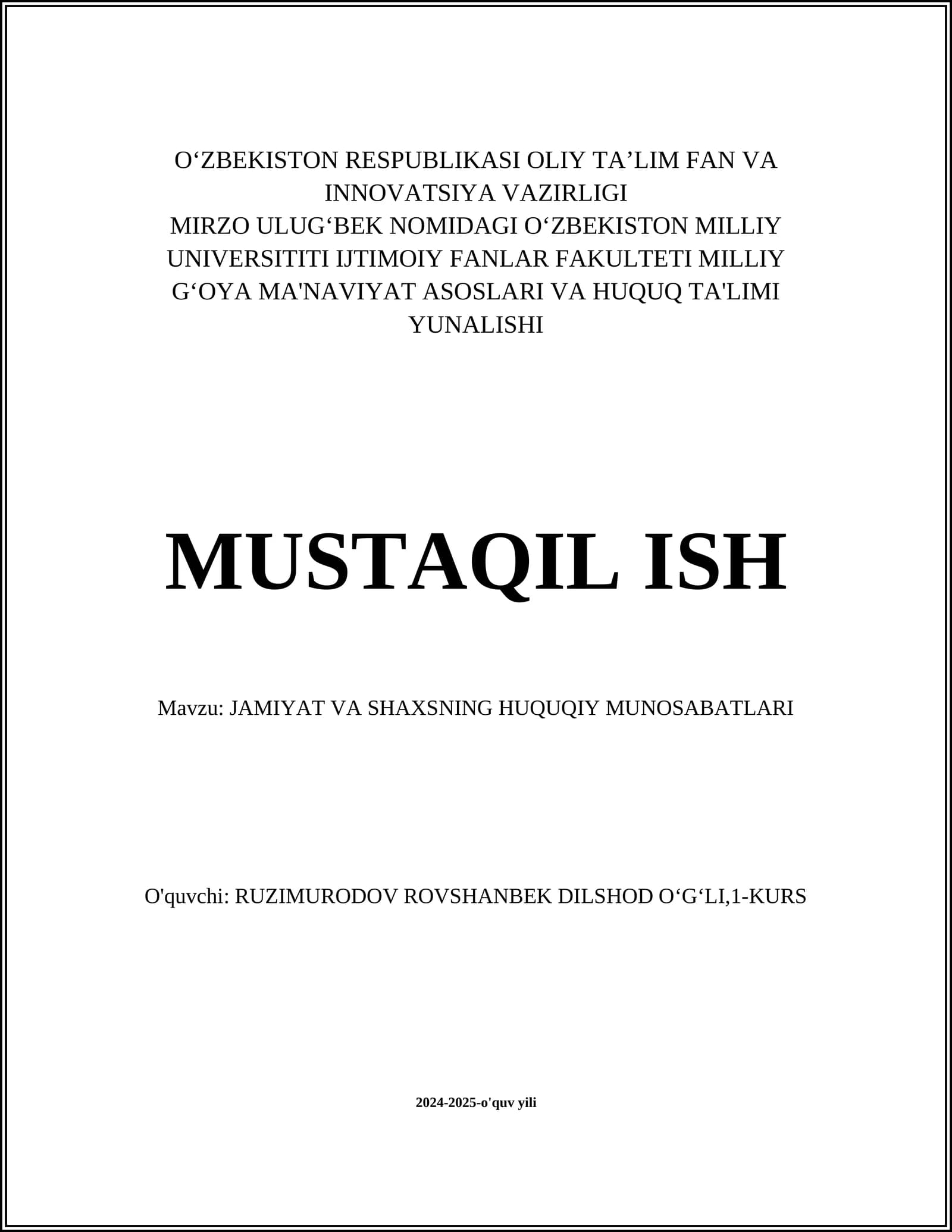 JAMIYAT VA SHAXSNING HUQUQIY MUNOSABATLARI