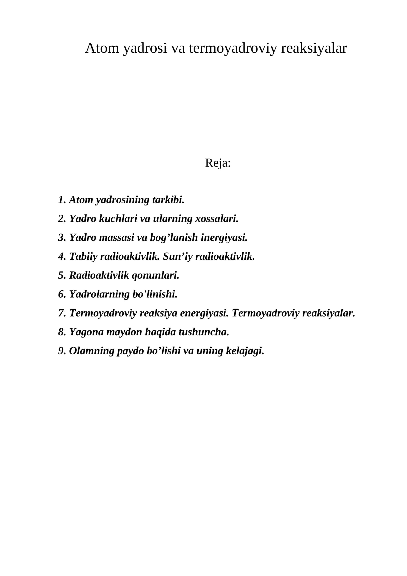 Atom yadrosi va termoyadroviy reaksiyalar