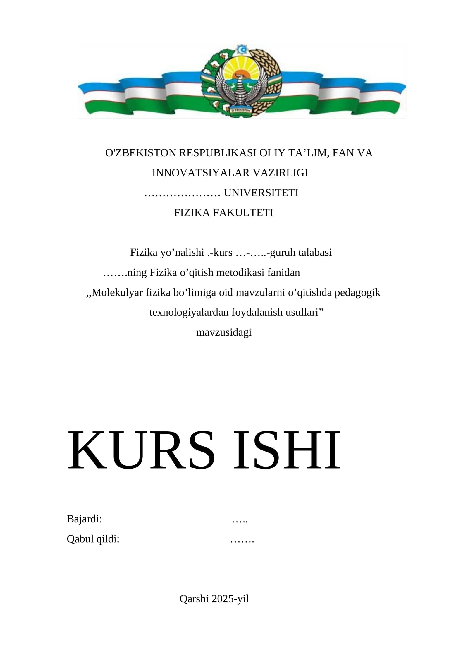 Molekulyar fizika bo’limiga oid mavzularni o’qitishda pedagogik texnologiyalardan foydalanish usullari mavzusiga doir tayyor kurs ish