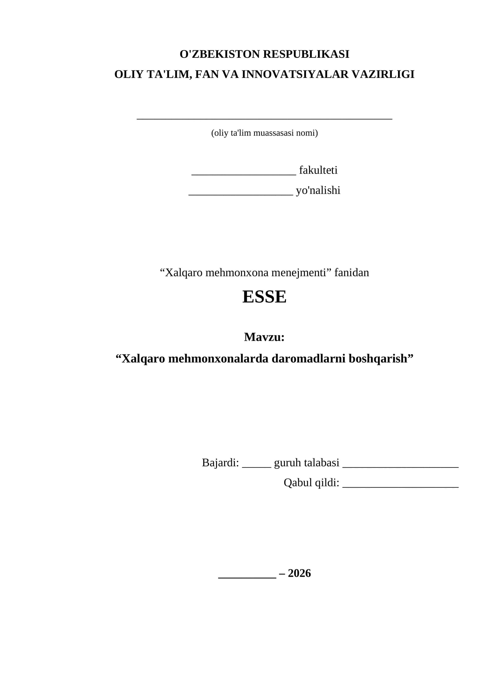ESSE: Xalqaro mehmonxonalarda daromadlarni boshqarish
