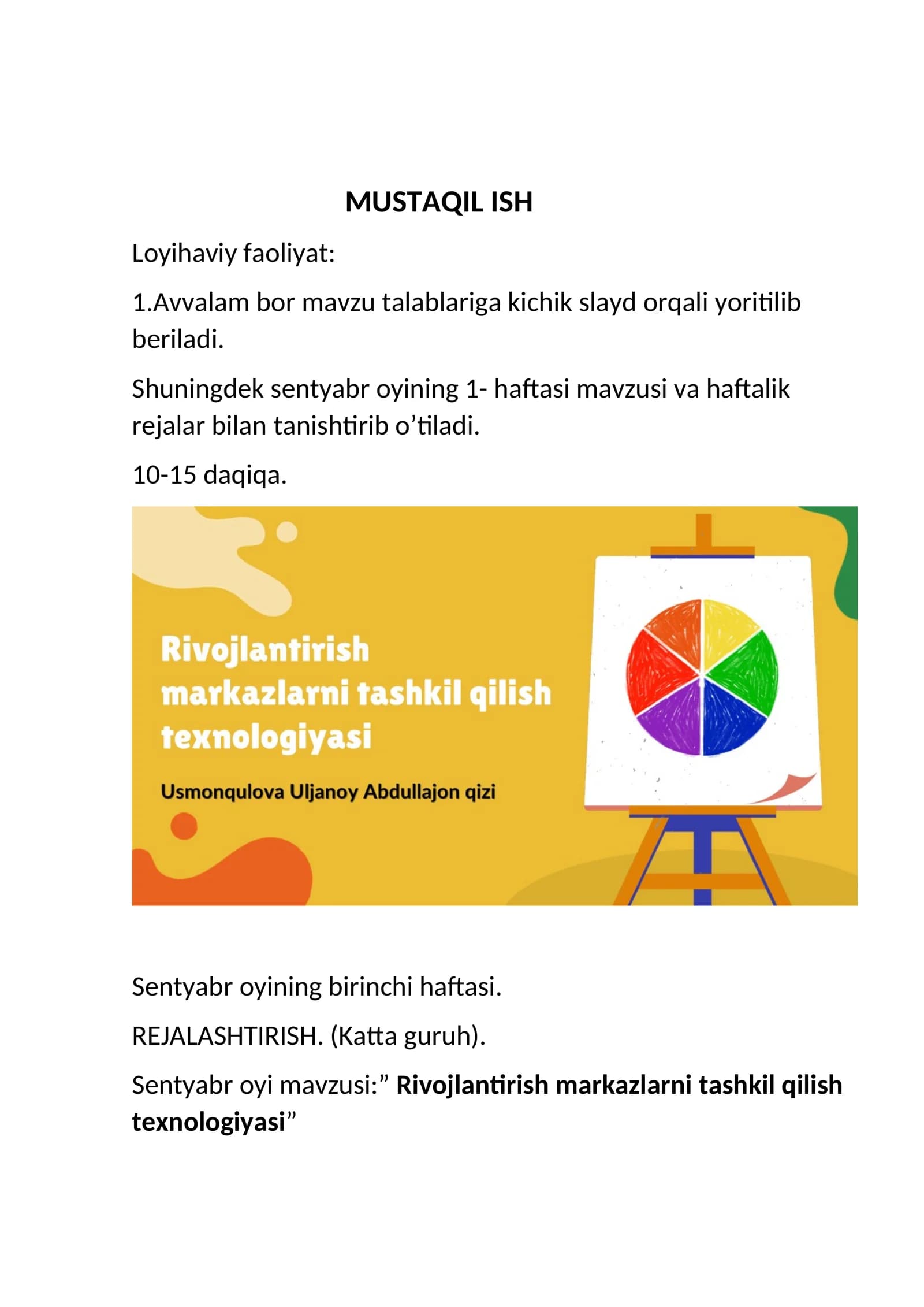 Rivojlantirish markazlarni tashkil qilish texnologiyasi