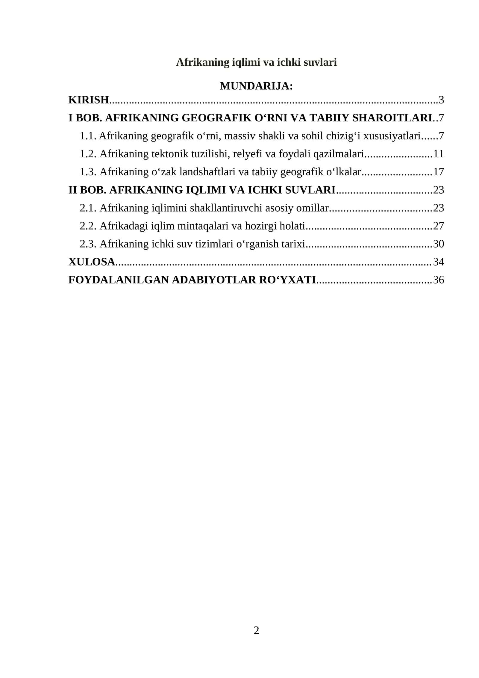 AFRIKANING IQLIMI VA ICHKI SUVLARI