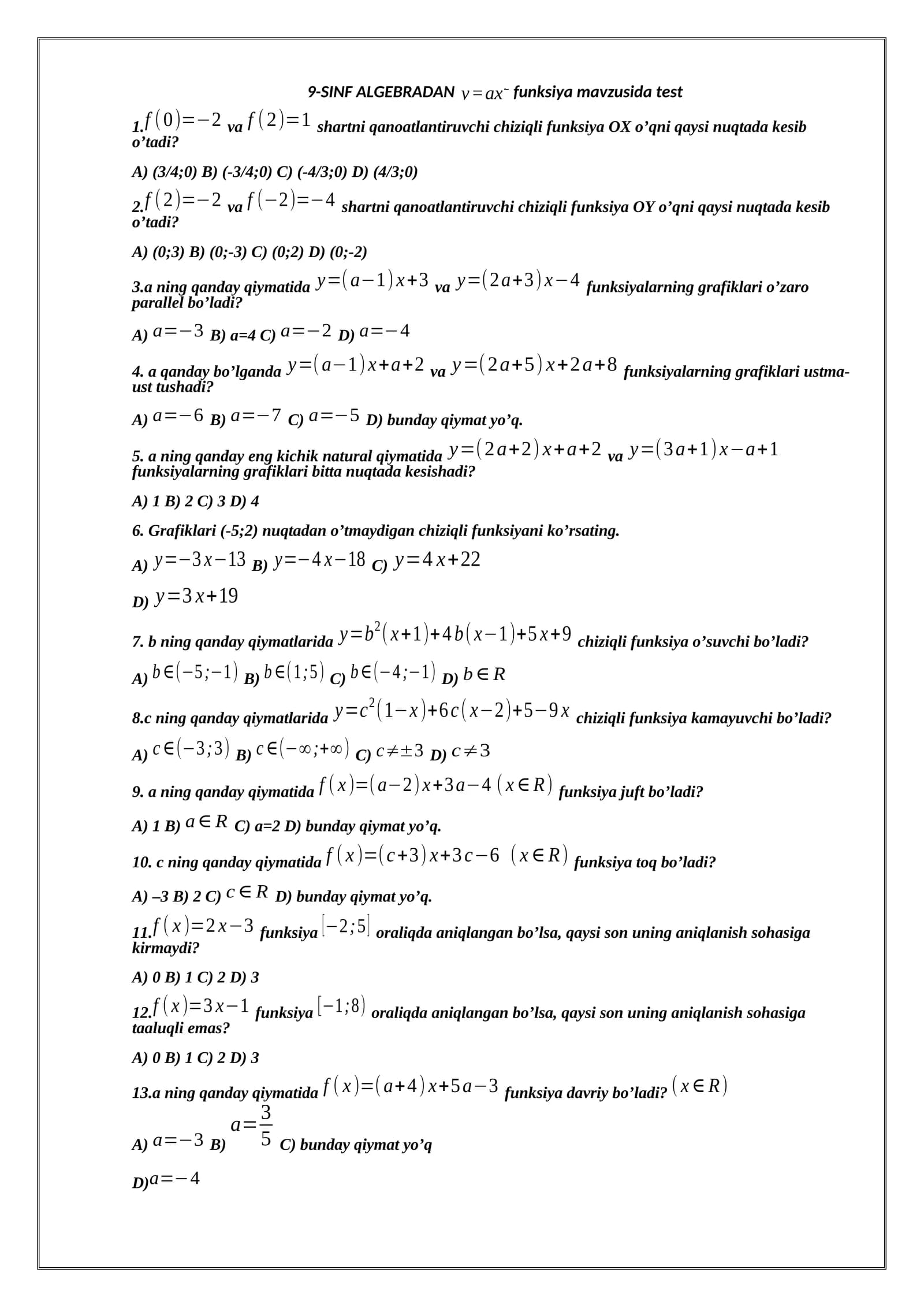 9-SINF ALGEBRADAN <latex>y=ax2</latex> funksiya mavzusida test