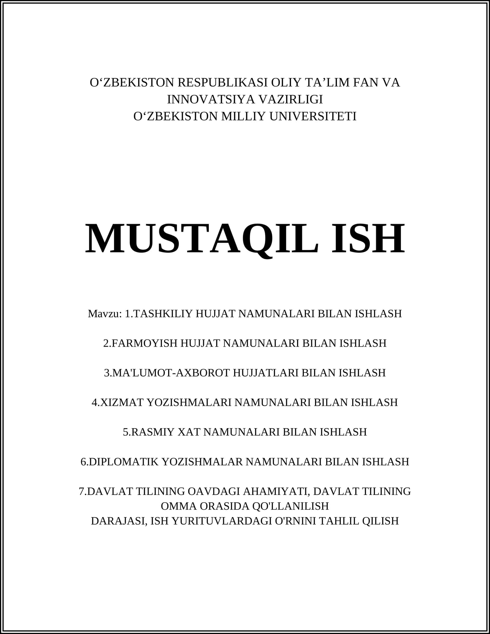 TASHKILIY HUJJAT NAMUNALARI BILAN ISHLASH