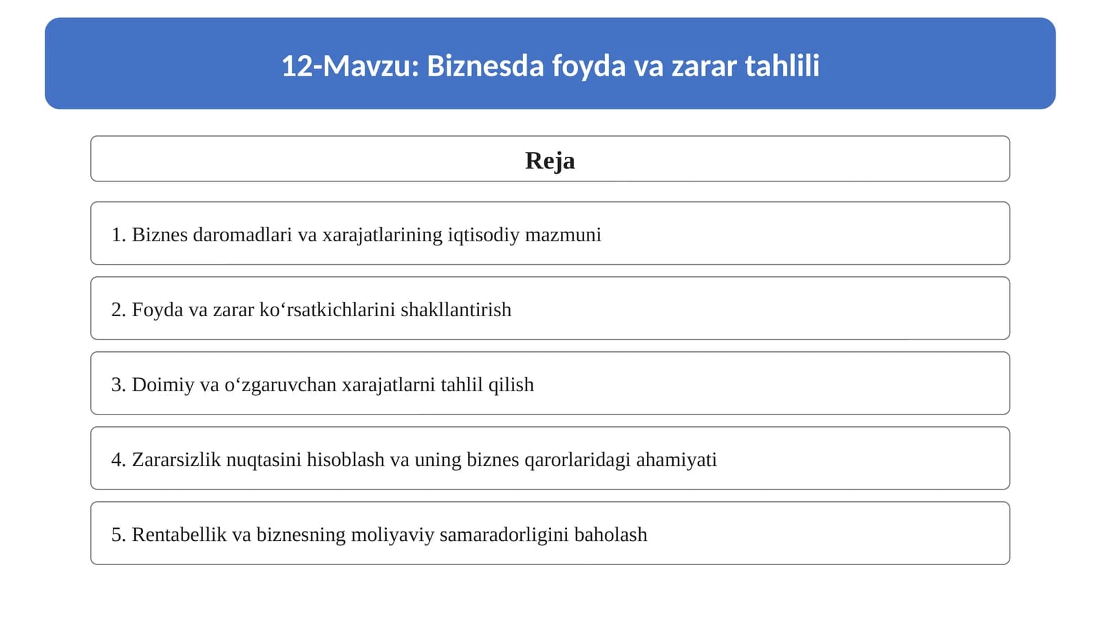 12-Mavzu. Biznesda foyda va zarar tahlili