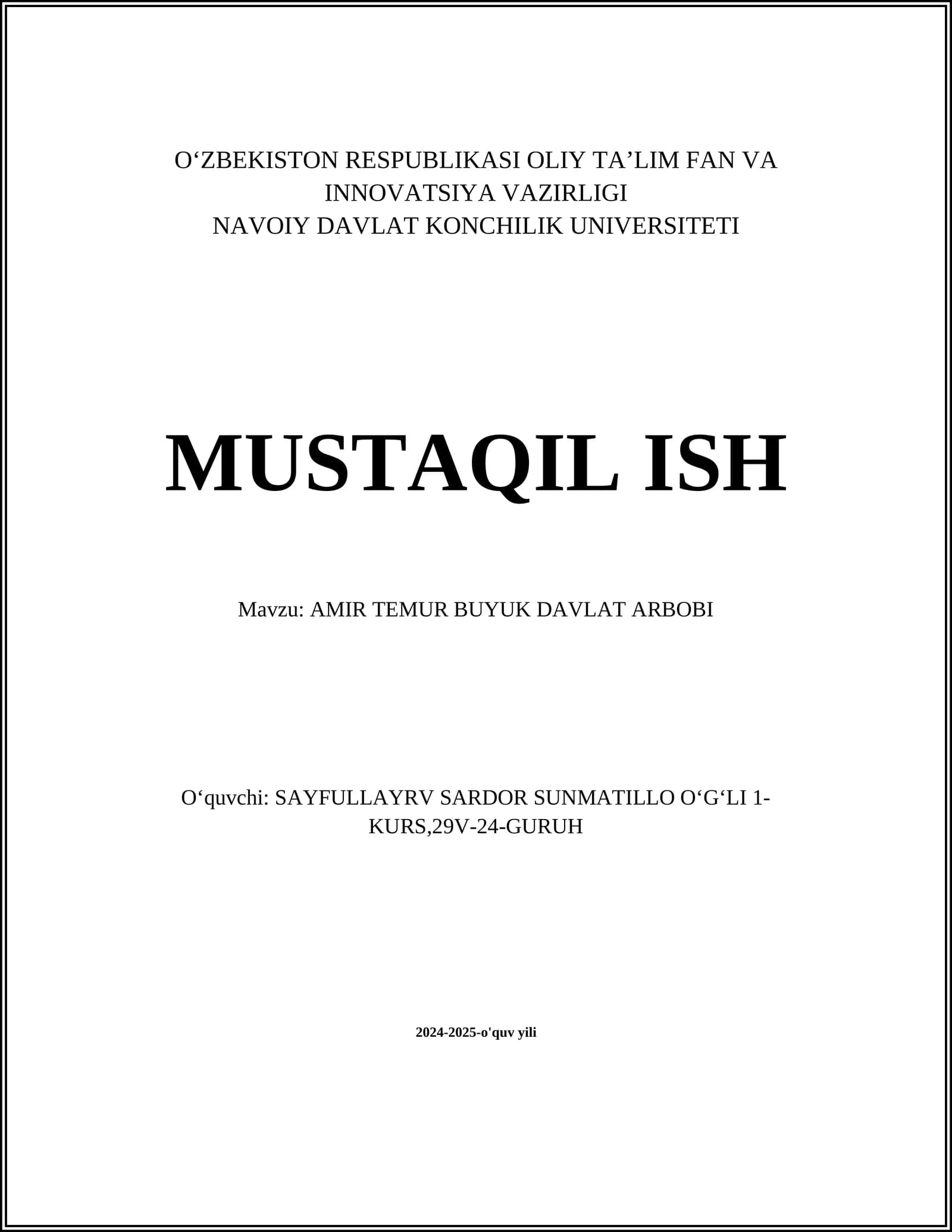 AMIR TEMUR BUYUK DAVLAT ARBOBI