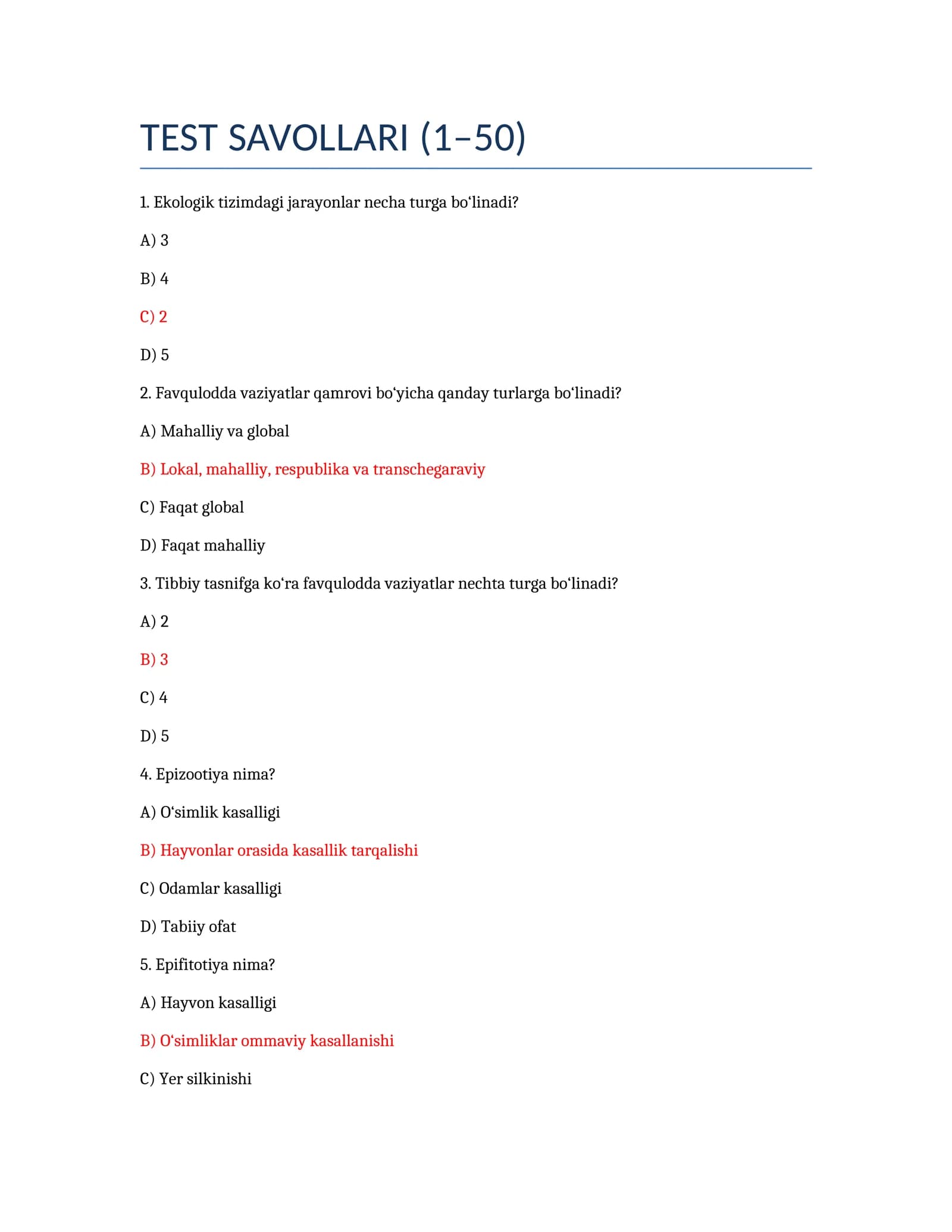 Ekologiya TEST SAVOLLARI (1–50)