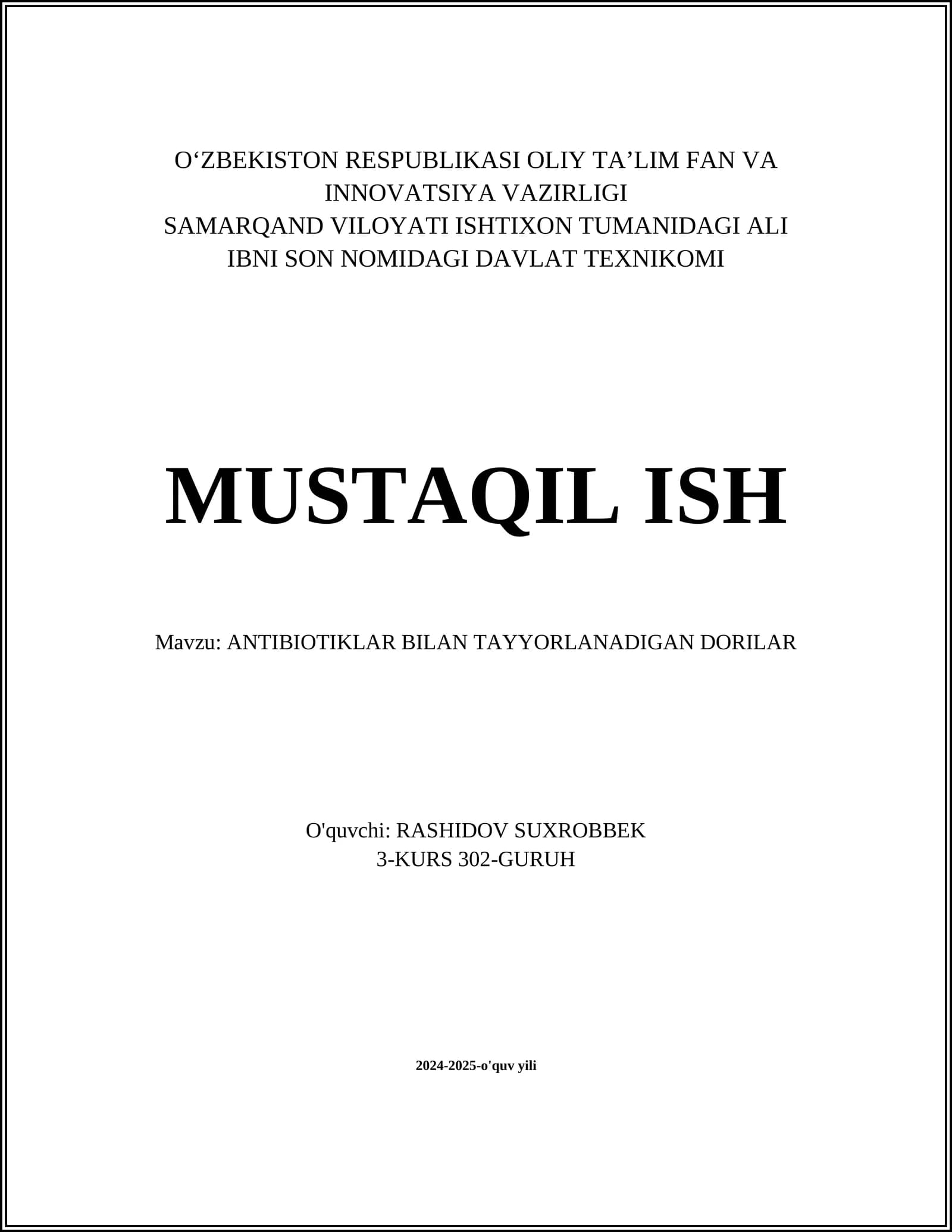 ANTIBIOTIKLAR BILAN TAYYORLANADIGAN DORILAR