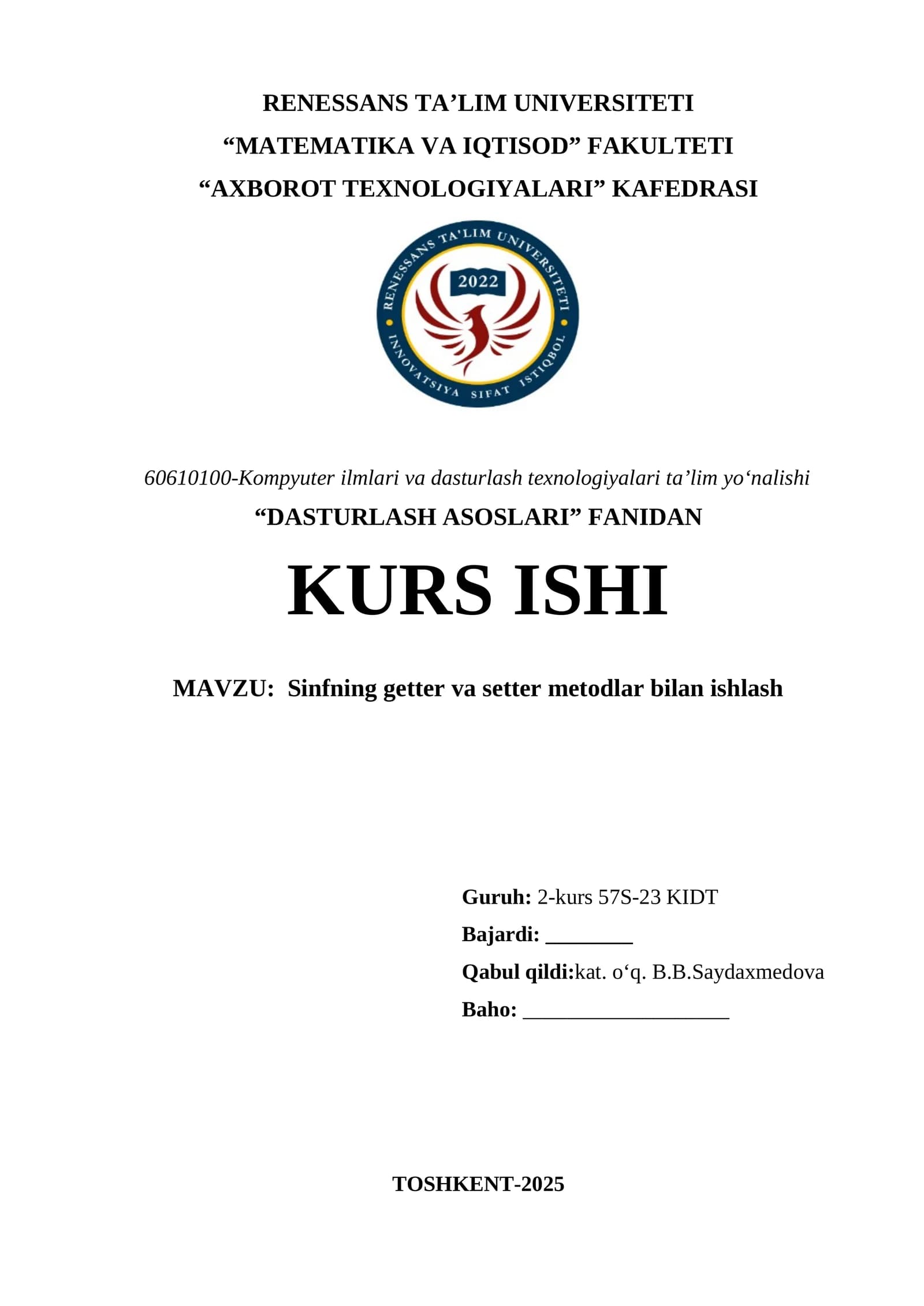 Mavzu: Sinfning getter va setter metodlar bilan ishlash
