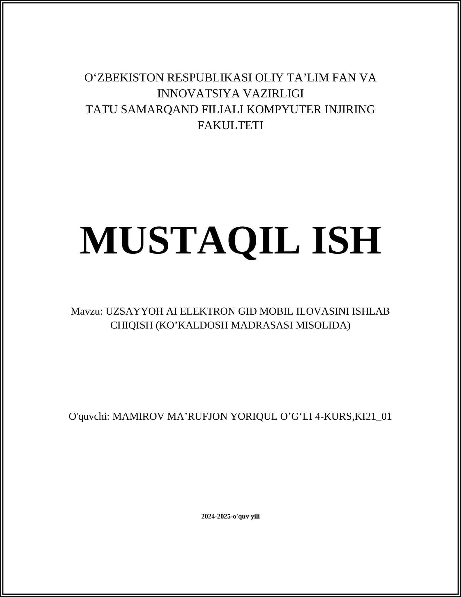 UZSAYYOH AI ELEKTRON GID MOBIL ILOVASINI ISHLAB CHIQISH (KOʼKALDOSH MADRASASI MISOLIDA)