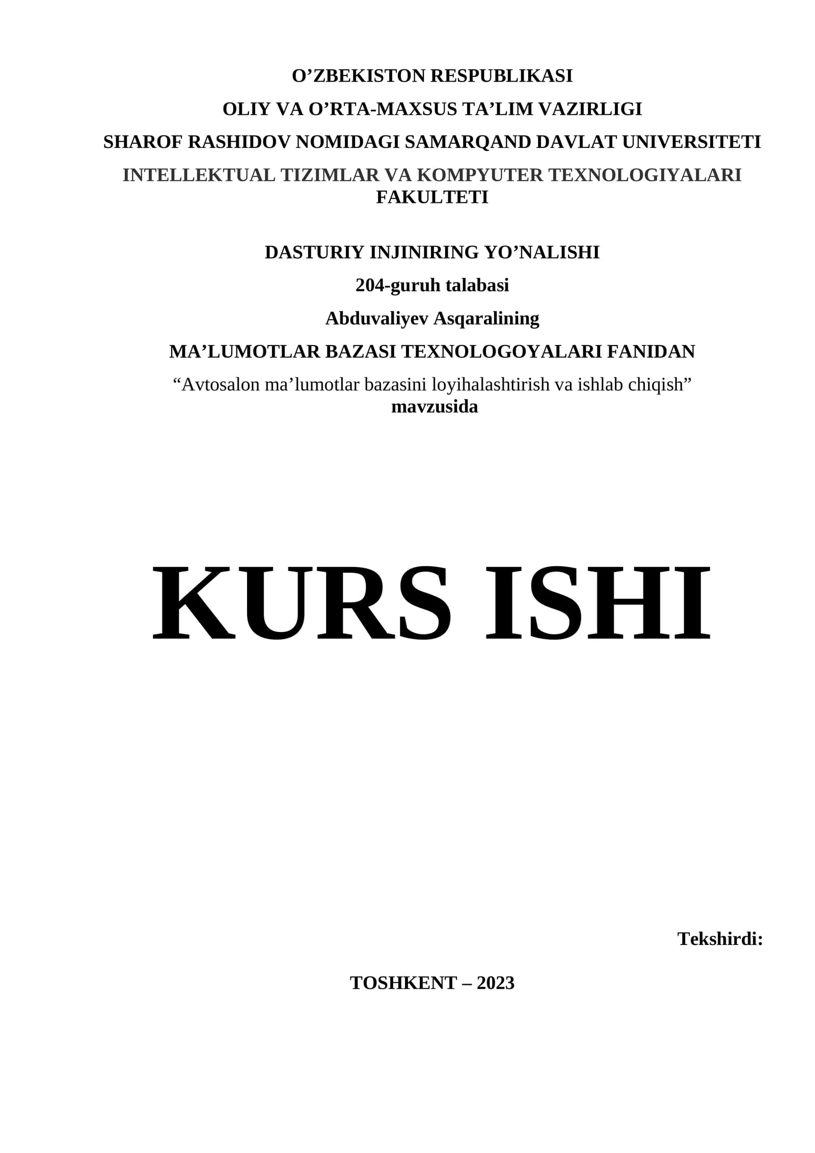 Avtosalon ma’lumotlar bazasini loyihalashtirish va ishlab chiqish