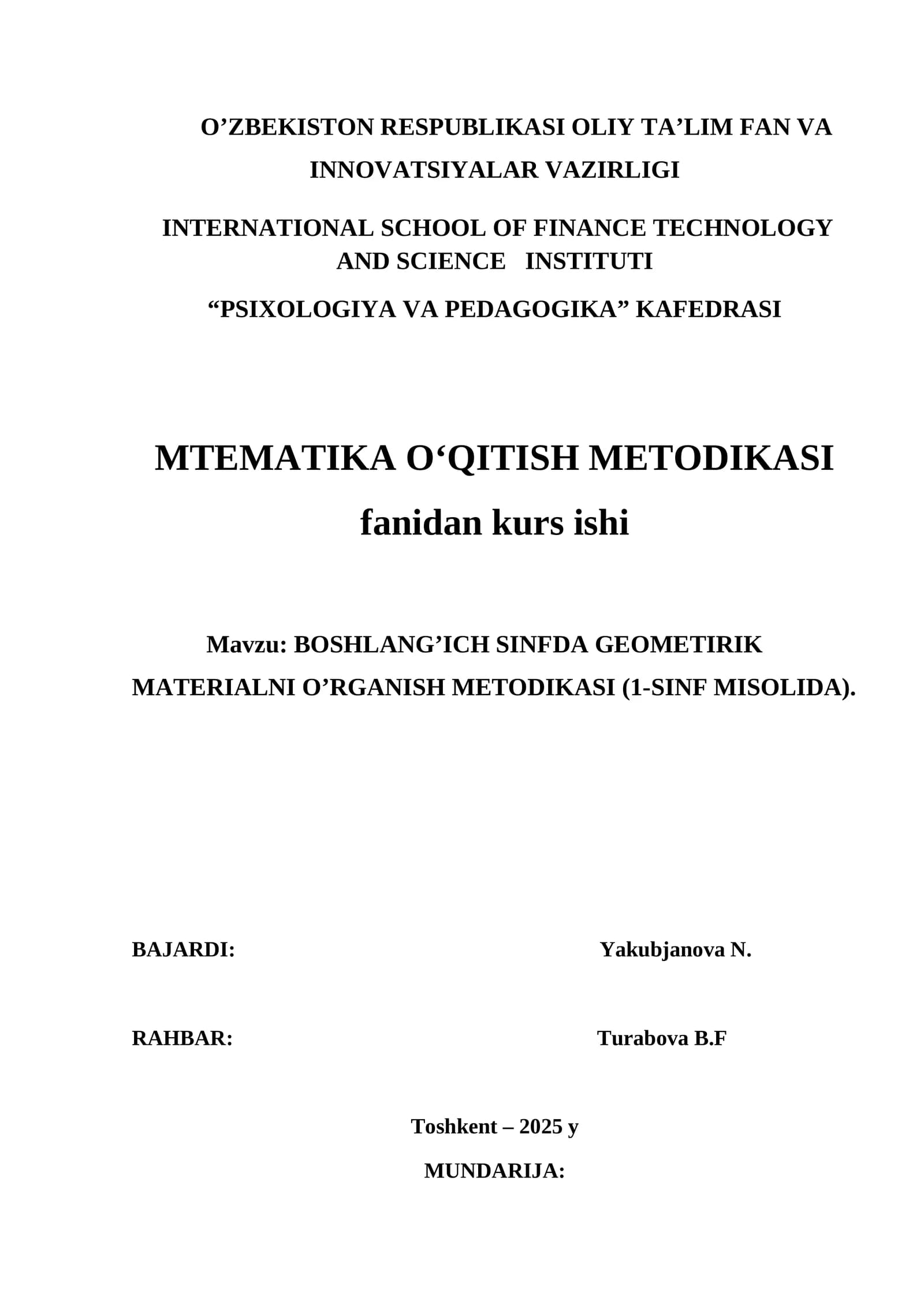 BOSHLANG’ICH SINFDA GEOMETIRIK MATERIALNI O’RGANISH METODIKASI (1-SINF MISOLIDA). KURS ISHI