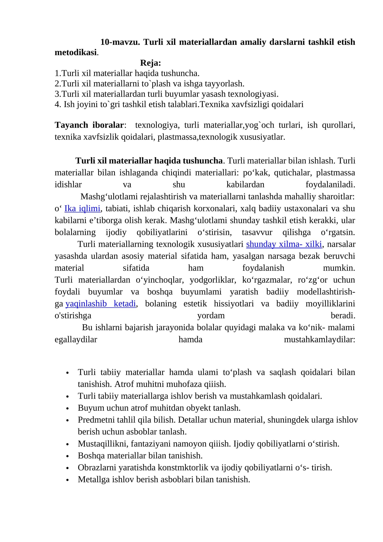 Turli xil materiallardan amaliy darslarni tashkil etish metodikasi