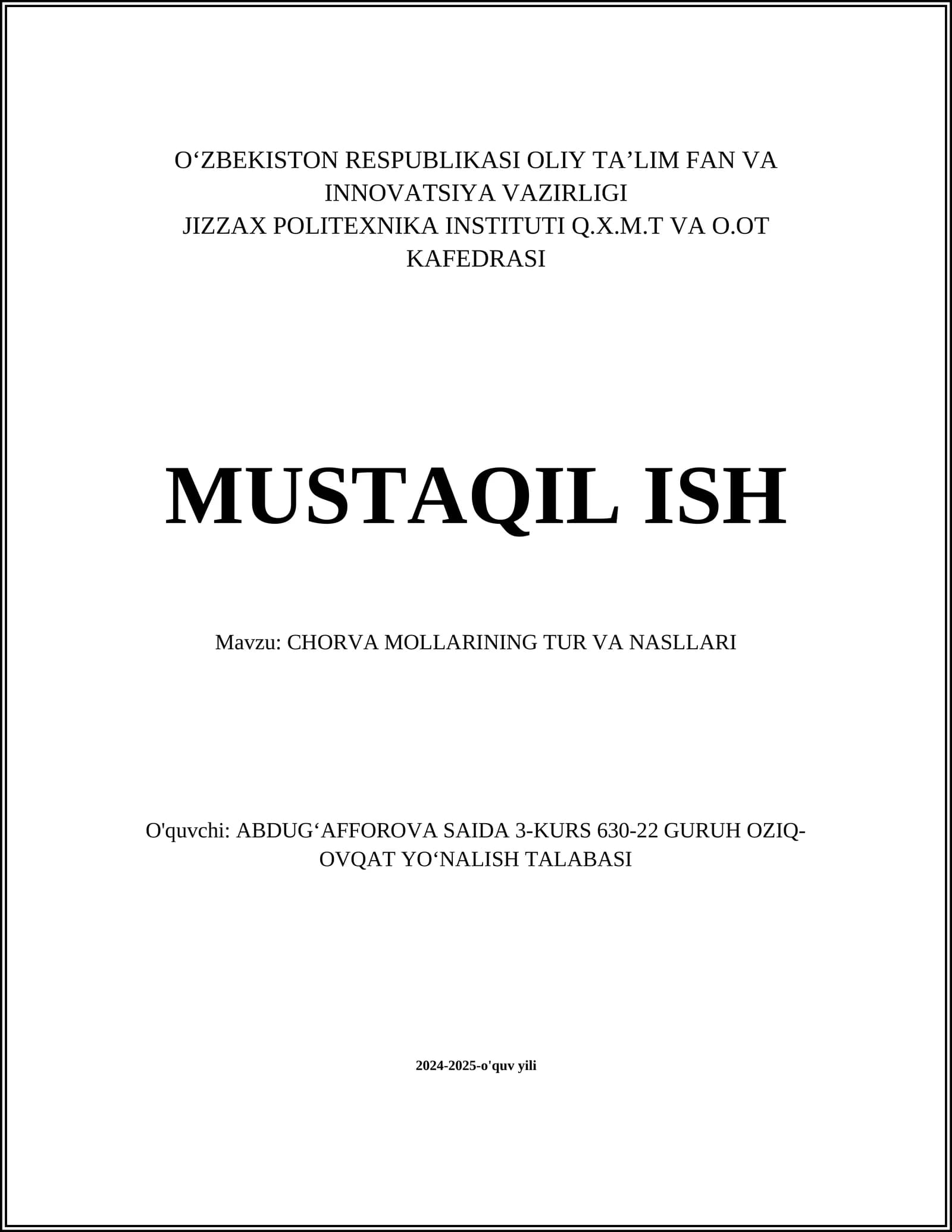 CHORVA MOLLARINING TUR VA NASLLARI