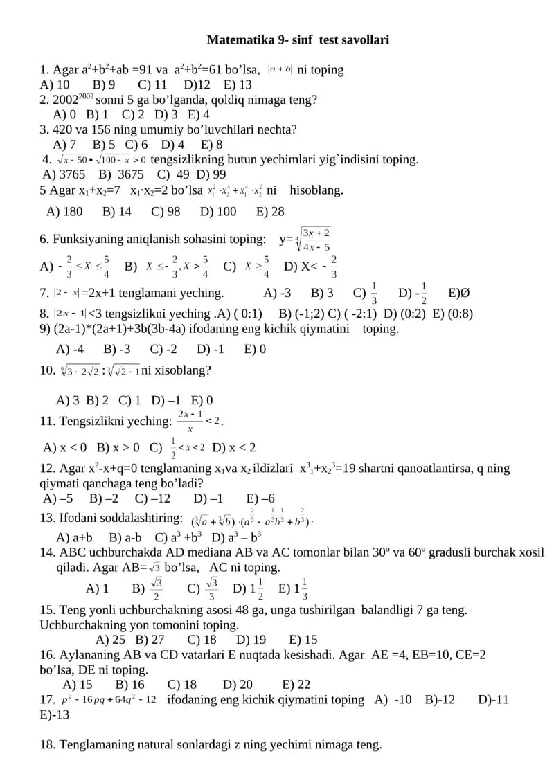 Matematika 9- sinf test savollari