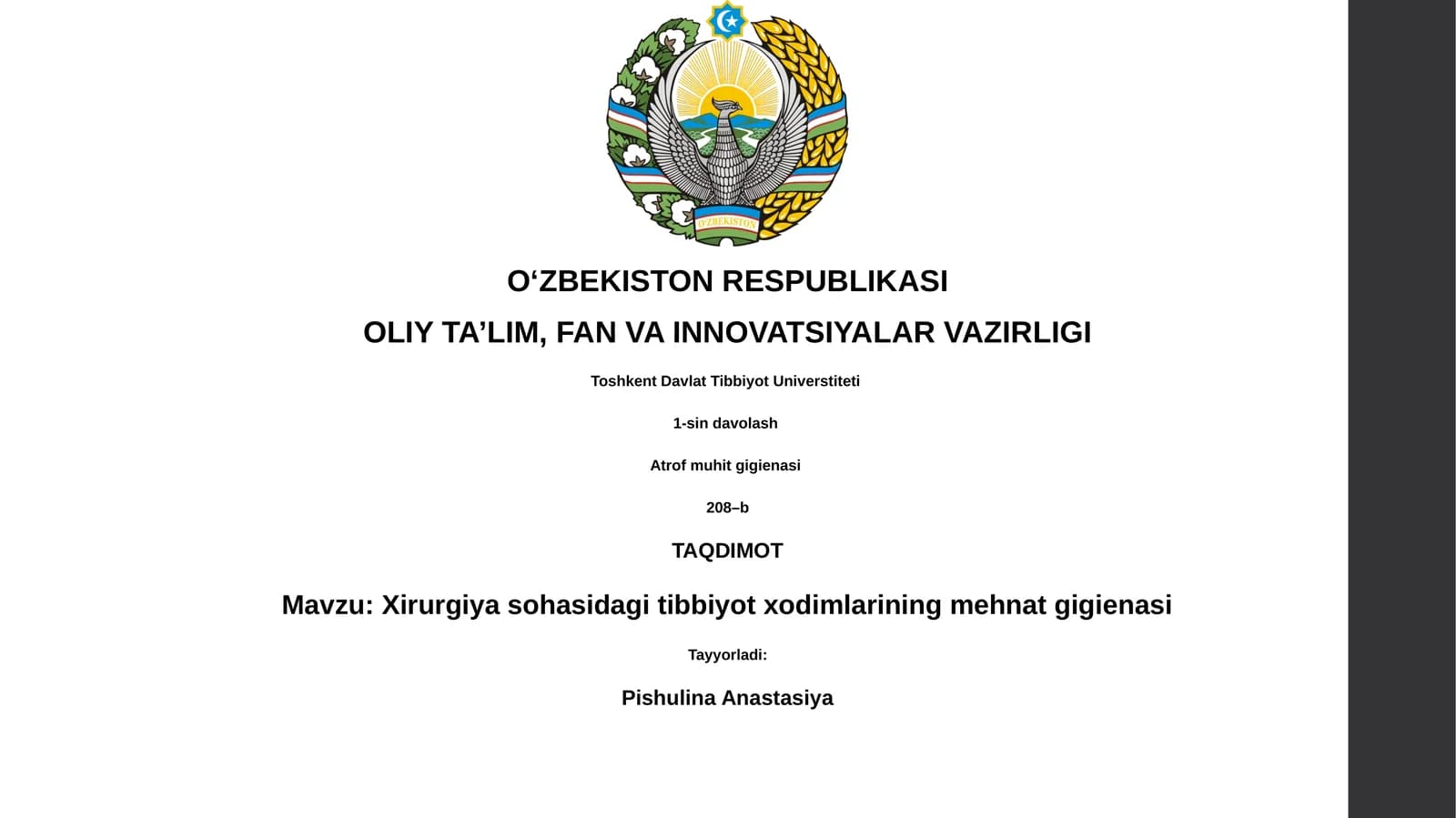 Xirurgiya sohasidagi tibbiyot xodimlarining mehnat gigienasi