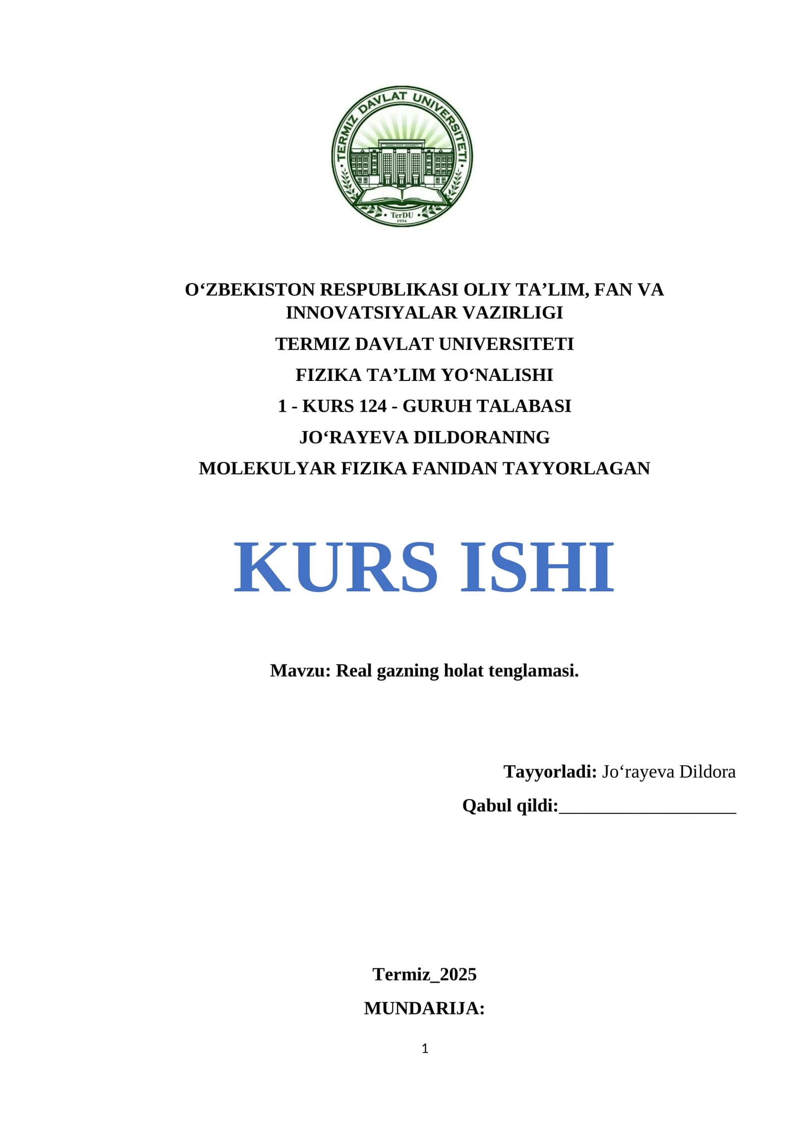 MOLEKULYAR FIZIKA FANIDAN TAYYORLAGAN KURS ISHI