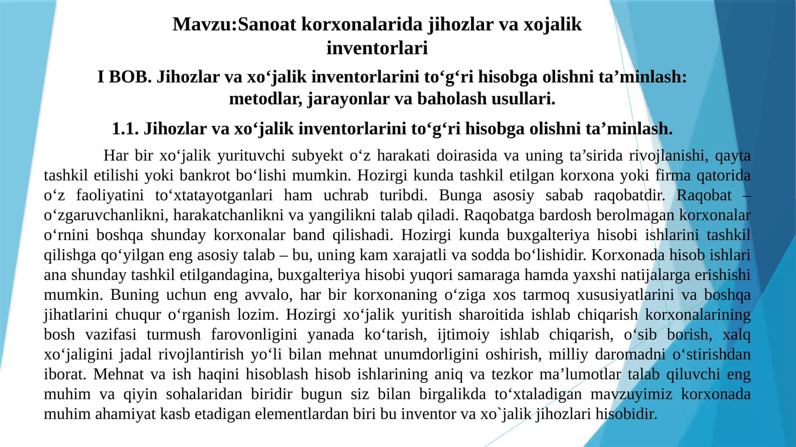 sanoat korxonalarida jihozlar va xojalik inventorlari