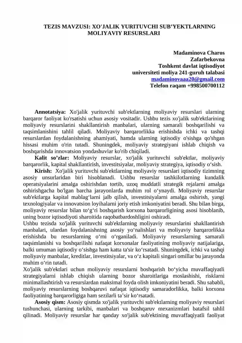 XO'JALIK YURITUVCHI SUBʼYEKTLARNING MOLIYAVIY RESURSLARI