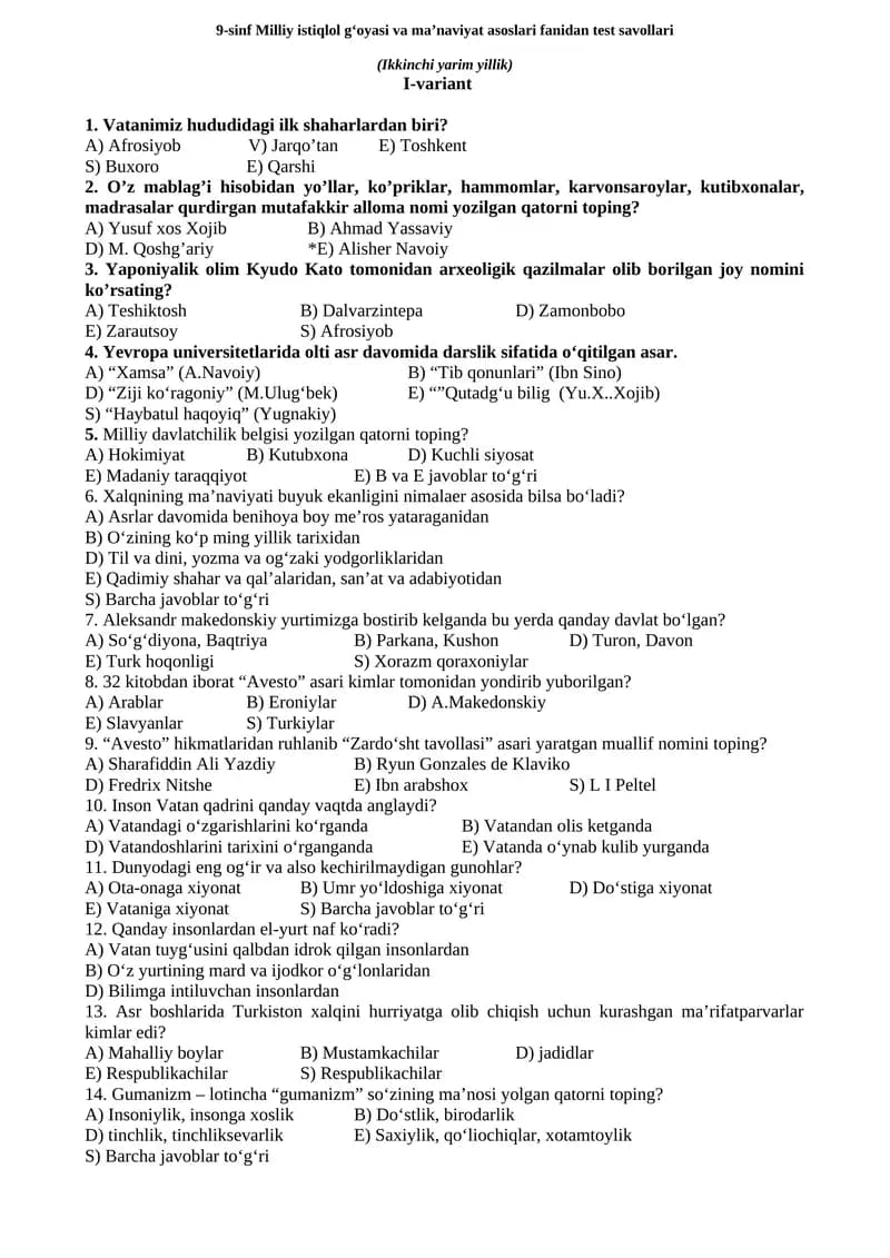9-sinf Milliy istiqlol g‘oyasi va ma’naviyat asoslari fanidan test savollari (Ikkinchi yarim yillik)