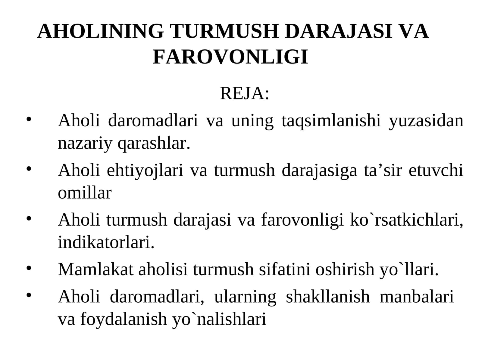 AHОLINING TURMUSH DARAJASI VAFARОVОNLIGI