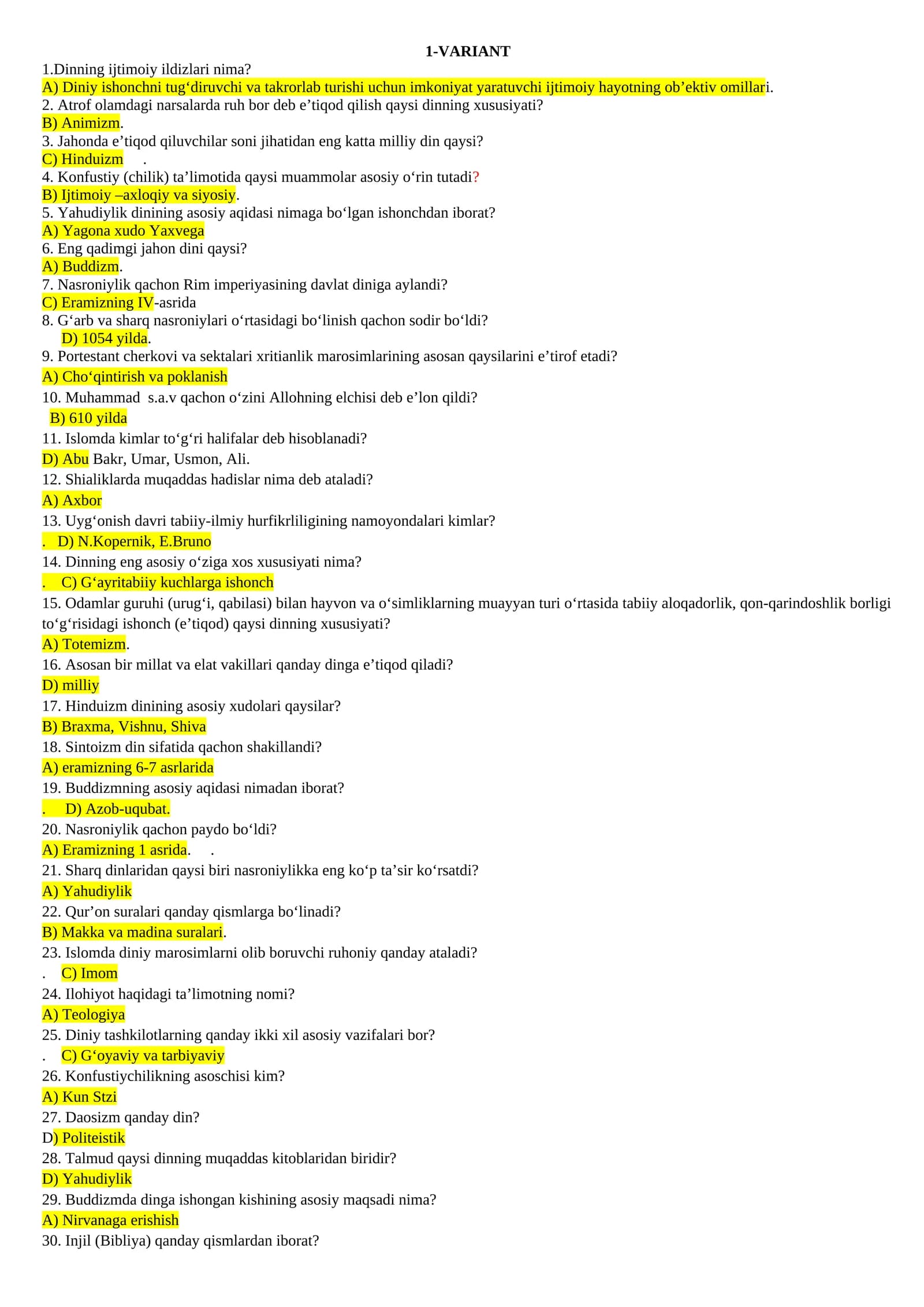 DINSHUNOSLIK ASOSLARI fanidan testlar to'plami
