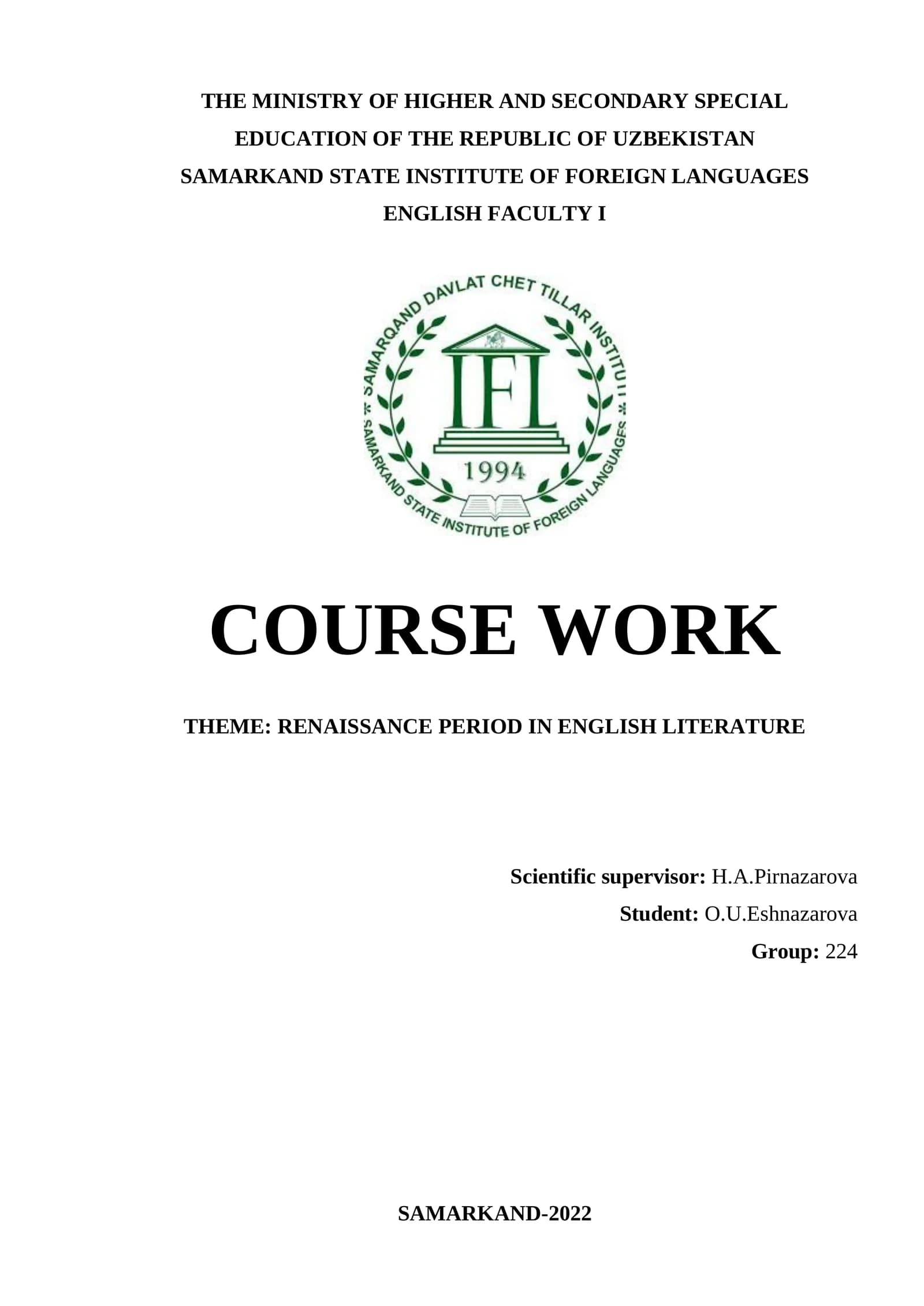 COURSE WORK: RENAISSANCE PERIOD IN ENGLISH LITERATURE