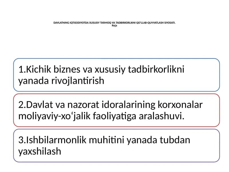DAVLATNING IQTISODIYOTDA XUSUSIY TARMOQ VA TADBIRKORLIKNI QO‘LLAB-QUVVATLASH SIYOSATI