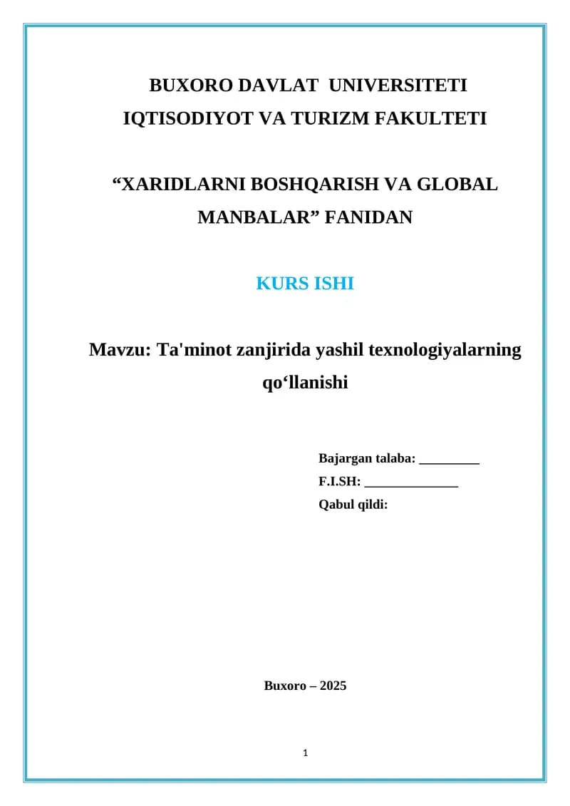 Ta'minot zanjirida yashil texnologiyalarning qoʻllanishi
