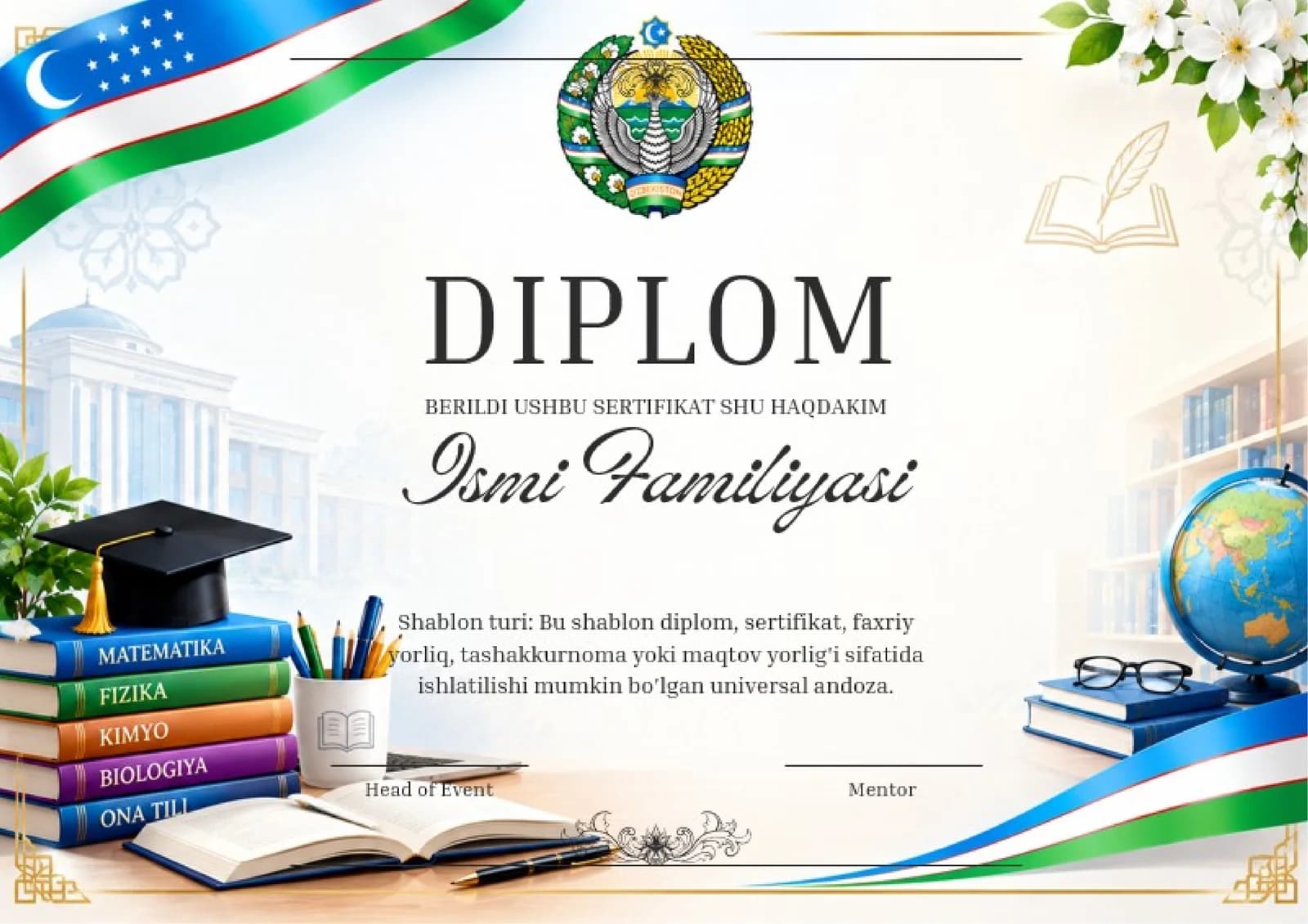 Shablon diplom, sertifikat, faxriy yorliq, tashakkurnoma yoki maqtov yorlig'i