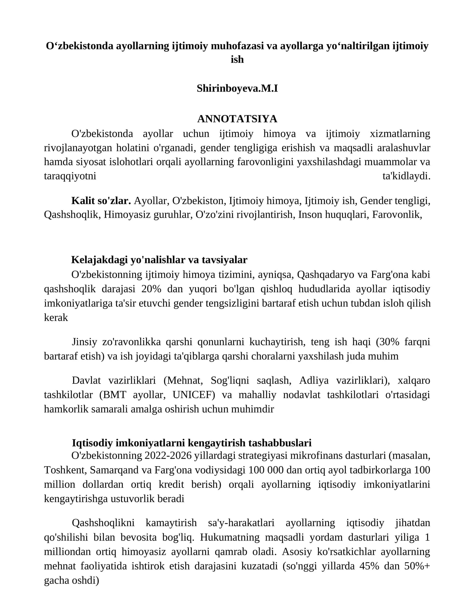 O'zbekistonda ayollarning ijtimoiy muhofazasi va ayollarga yoʻnaltirilgan ijtimoiy ish
