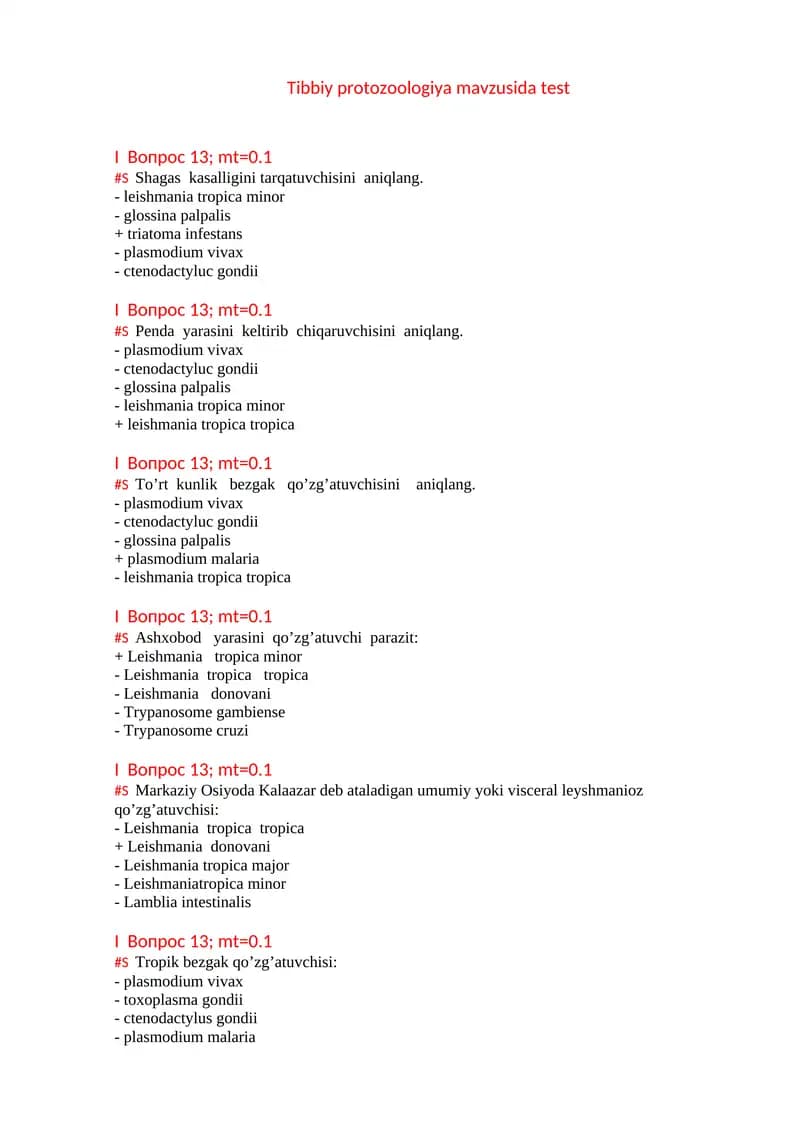 Tibbiy protozoologiya mavzusida test