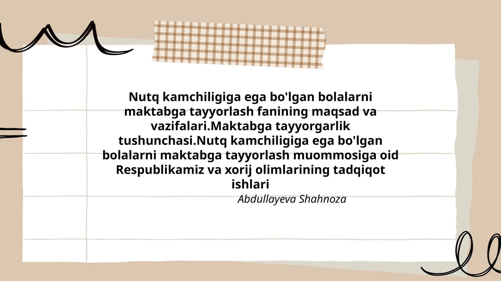 Nutq kamchiligiga ega bo'lgan bolalarni maktabga tayyorlash fanining maqsad va vazifalari