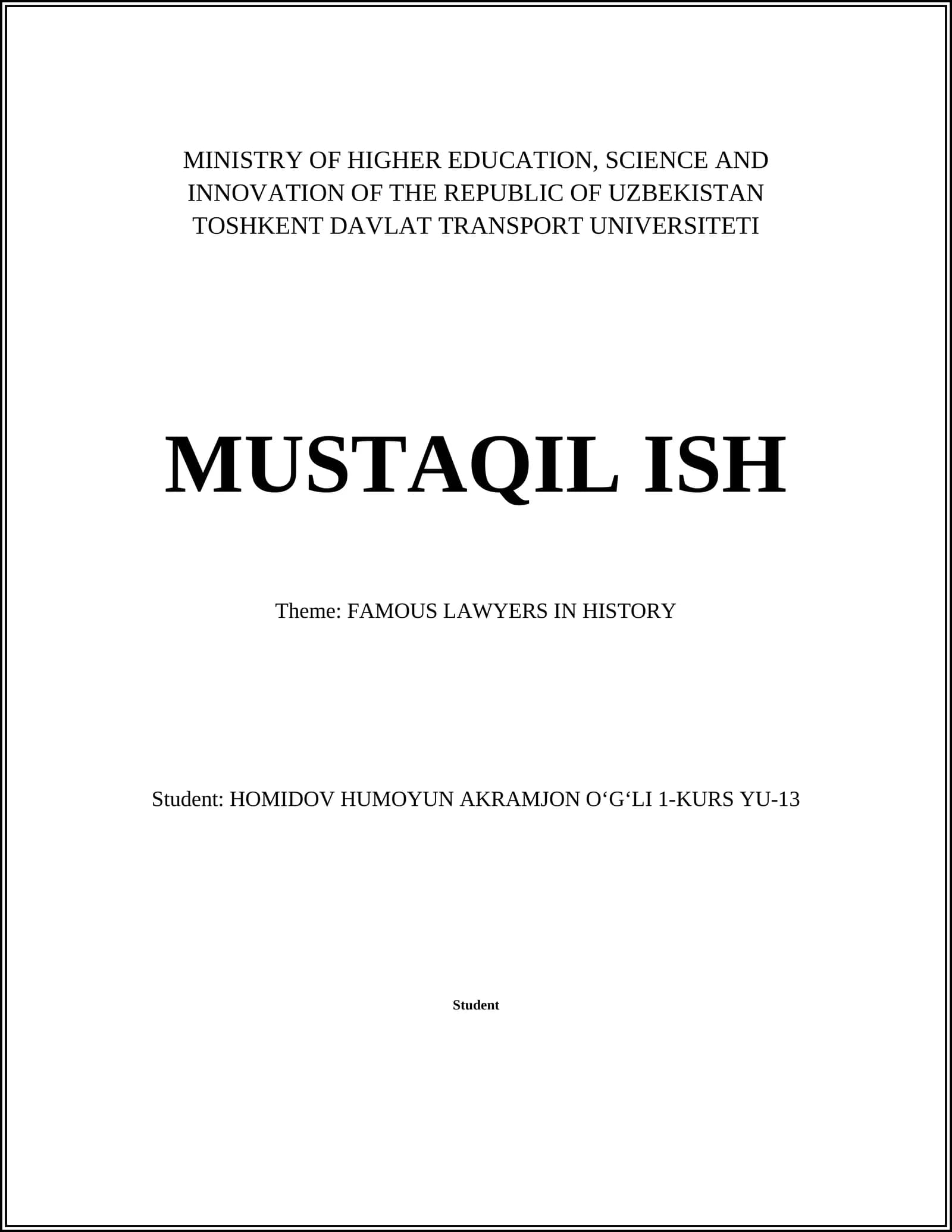 TOSHKENT DAVLAT TRANSPORT UNIVERSITETI MUSTAQIL ISHI