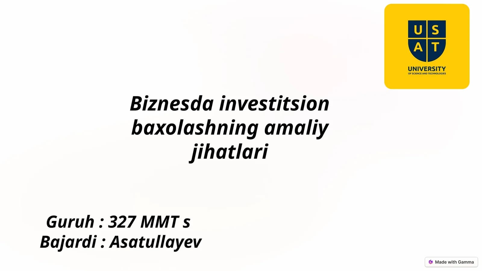 Biznesda Investitsion Baxolashningamaliyjihatlari