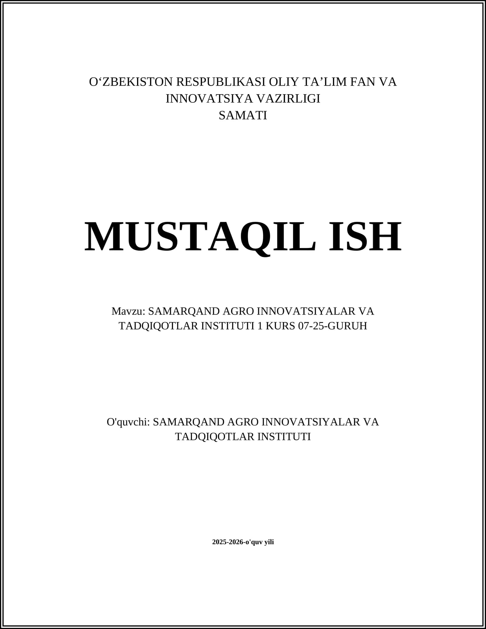 SAMARQAND AGRO INNOVATSIYALAR VA TADQIQOTLAR INSTITUTI