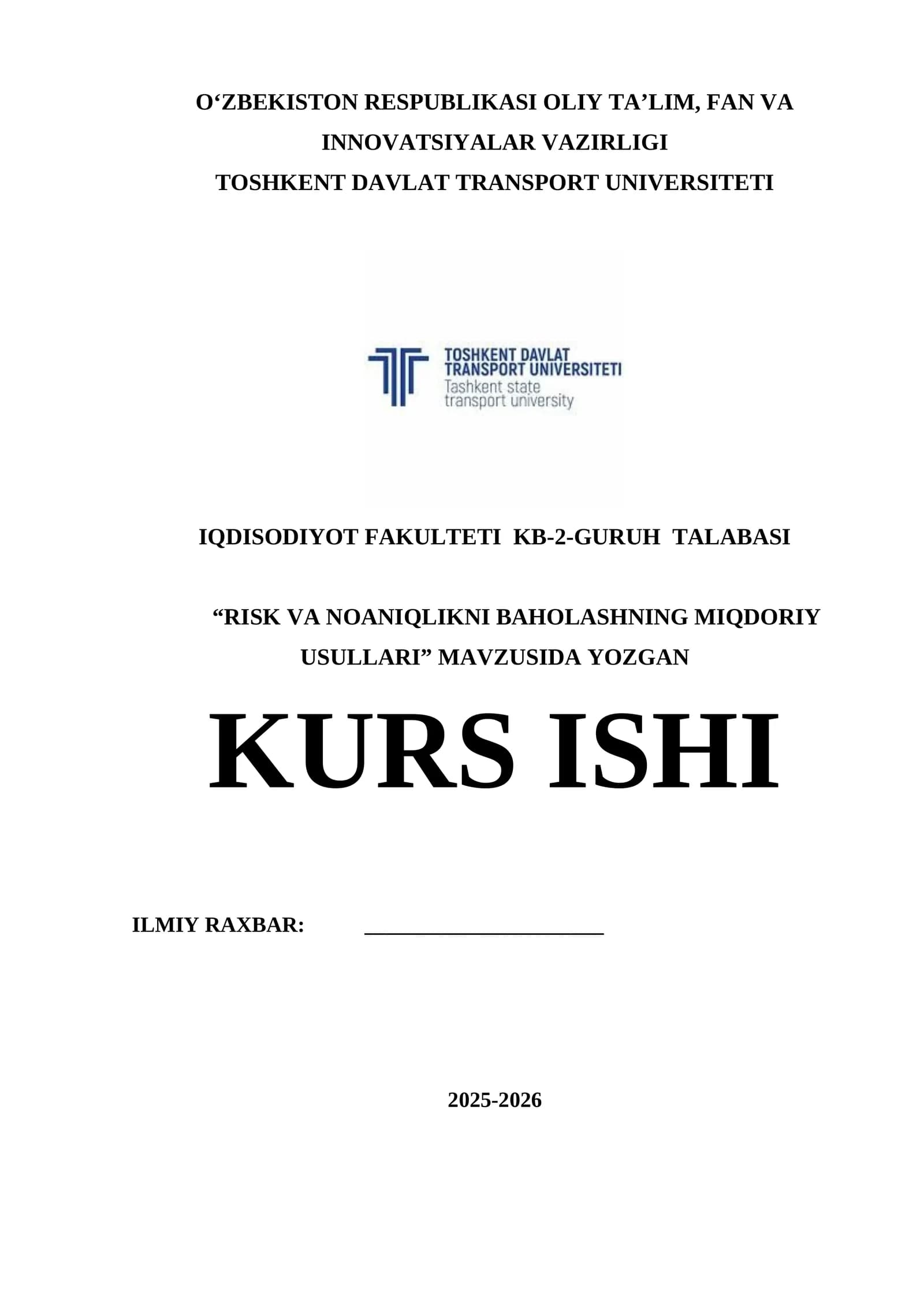 RISK VA NOANIQLIKNI BAHOLASHNING MIQDORIY USULLARI kurs ishi